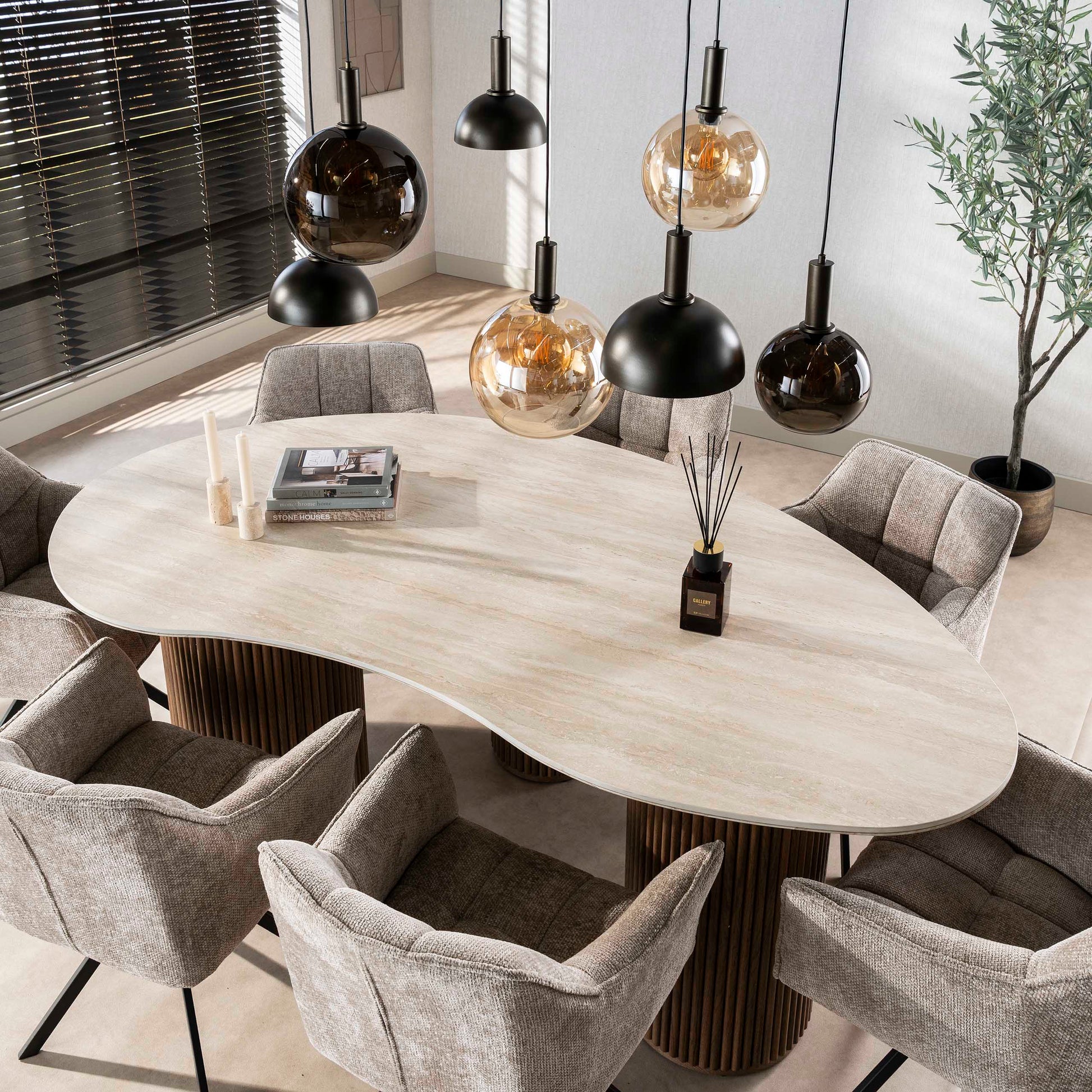 Eettafel Romano niervormig 215cm / 3D keramiek travertin – afbeelding 4