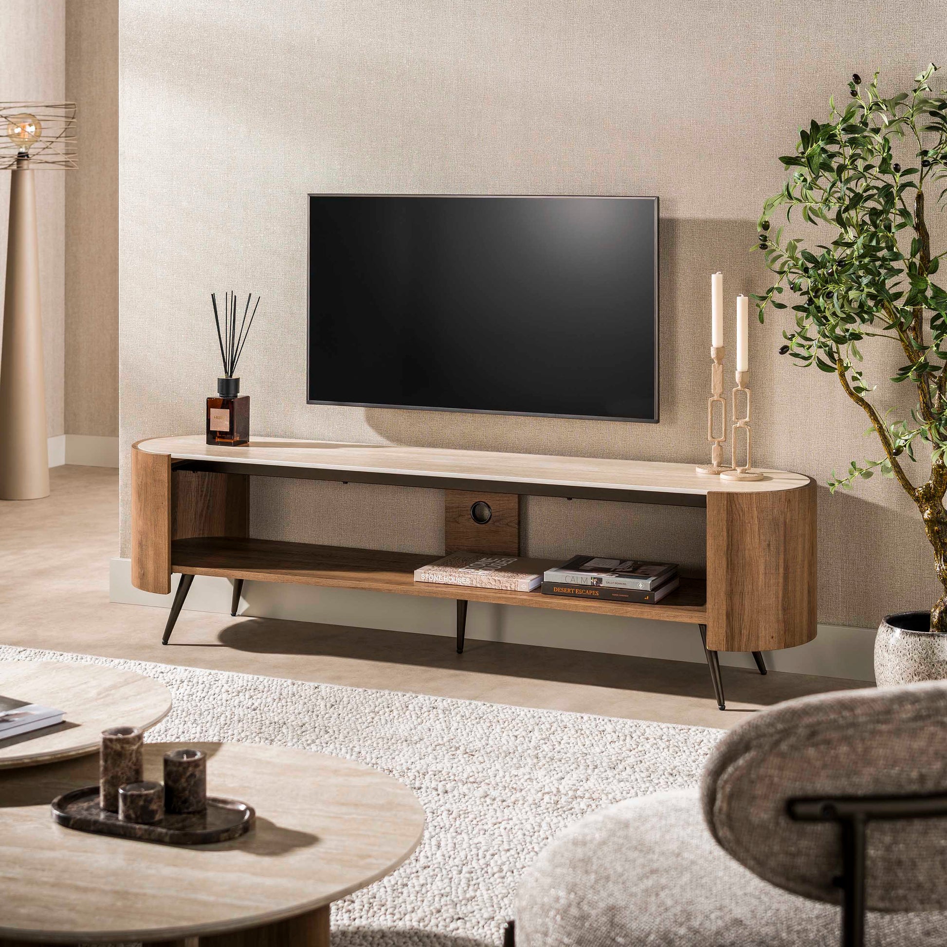 TV-meubel Arcus 180cm / Keramiek travertin – afbeelding 1