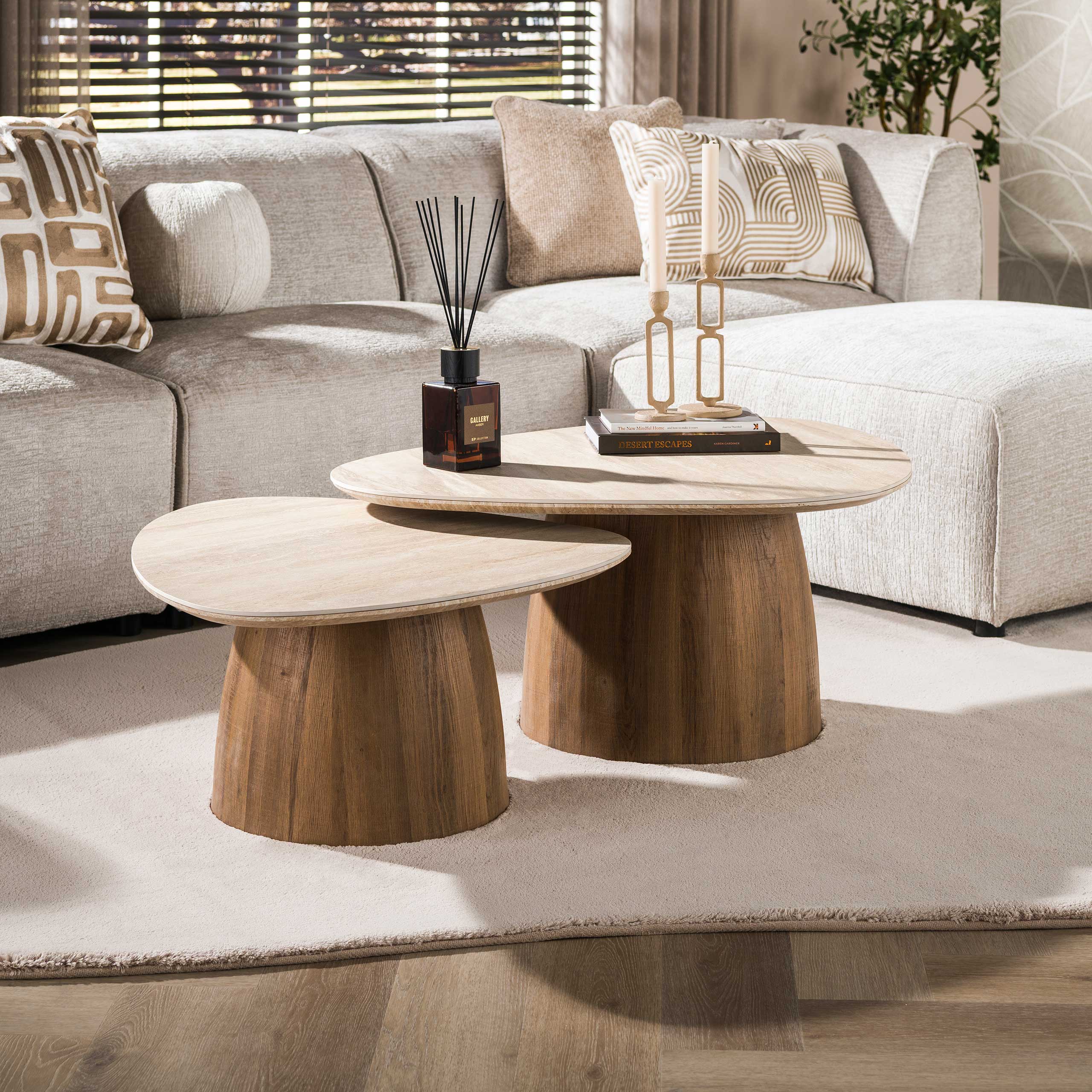 Salontafel Romano driehoekig set van 2 / 3D keramiek travertin – afbeelding 1