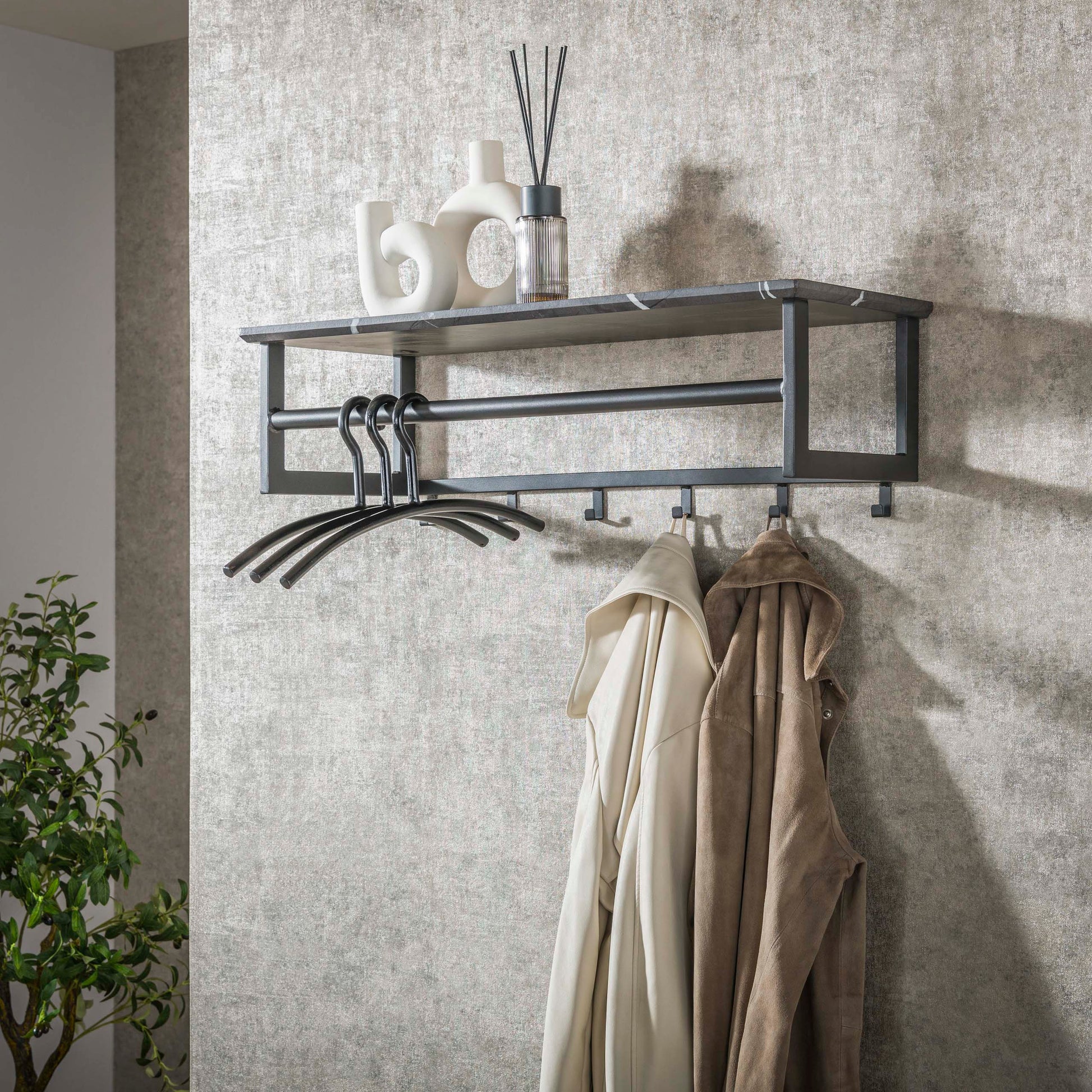 Kapstok Tenaro roede en hoedenplank 6 haken / 3D melamine graphite – afbeelding 1