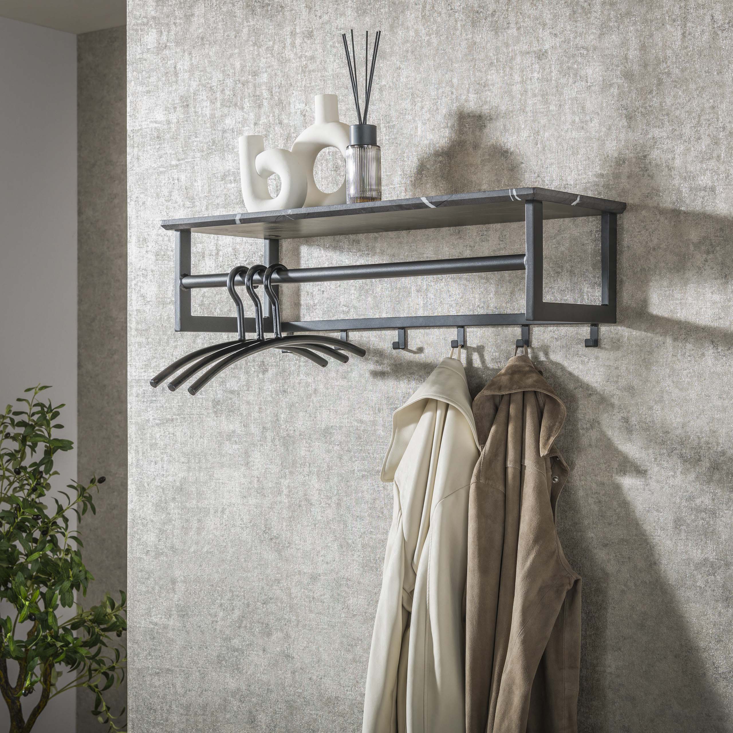 Kapstok Tenaro roede en hoedenplank 6 haken / 3D melamine graphite – afbeelding 1