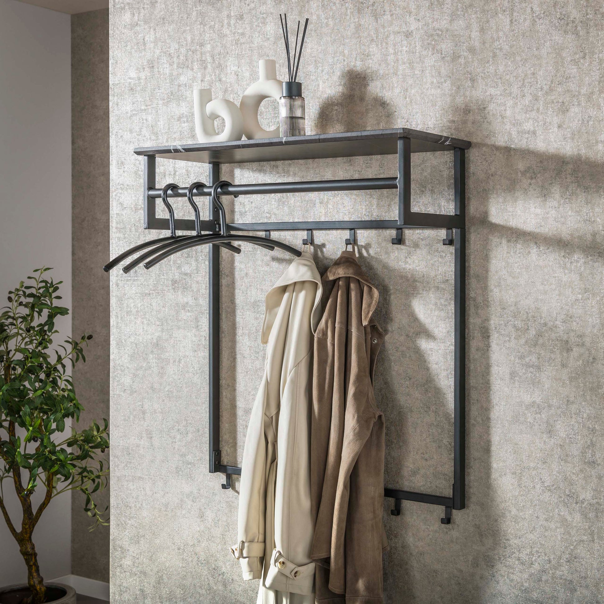 Kapstok Tenaro roede en hoedenplank 2x6 haken / 3D melamine graphite – afbeelding 1