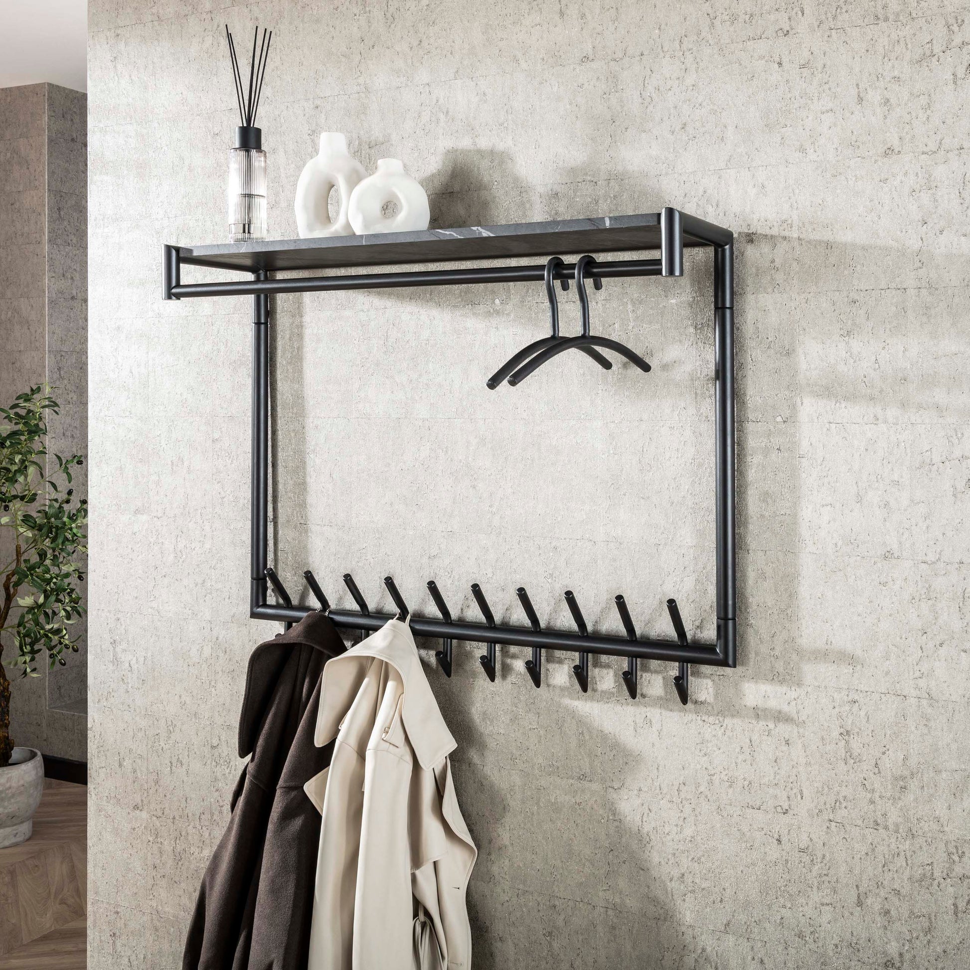 Kapstok Tenaro hoog roede en hoedenplank 2x10 haken / 3D melamine graphite – afbeelding 1