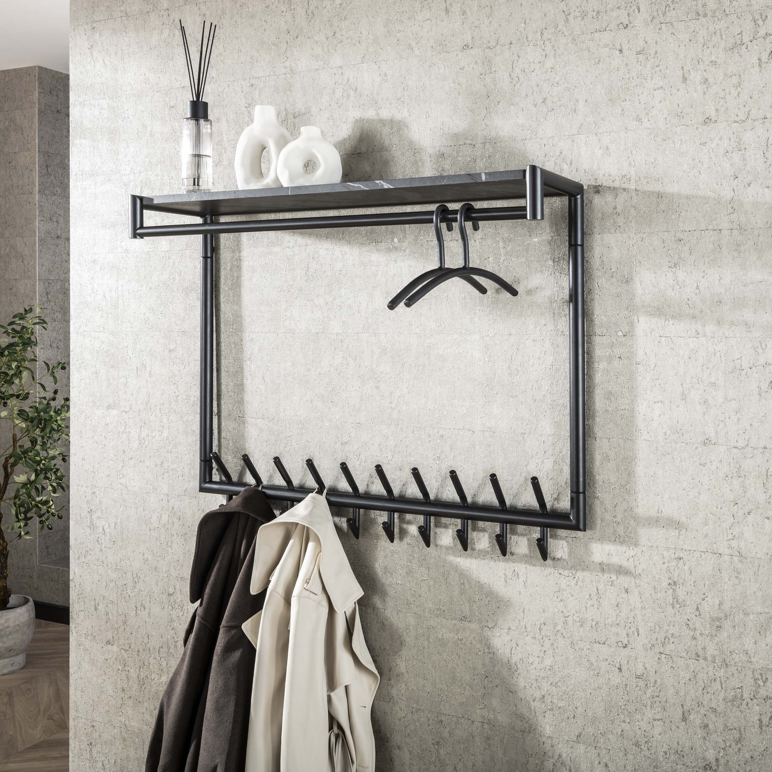Kapstok Tenaro hoog roede en hoedenplank 2x10 haken / 3D melamine graphite – afbeelding 1