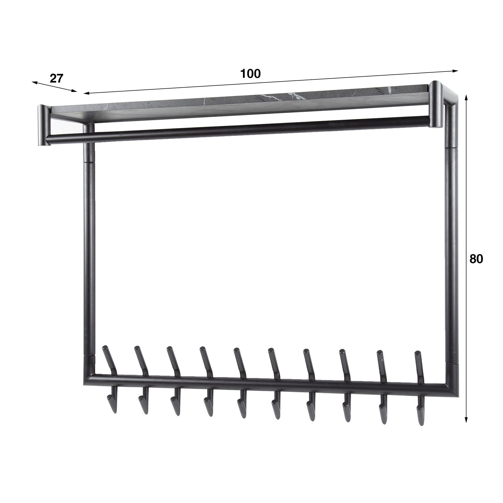 Kapstok Tenaro hoog roede en hoedenplank 2x10 haken / 3D melamine graphite – afbeelding 4