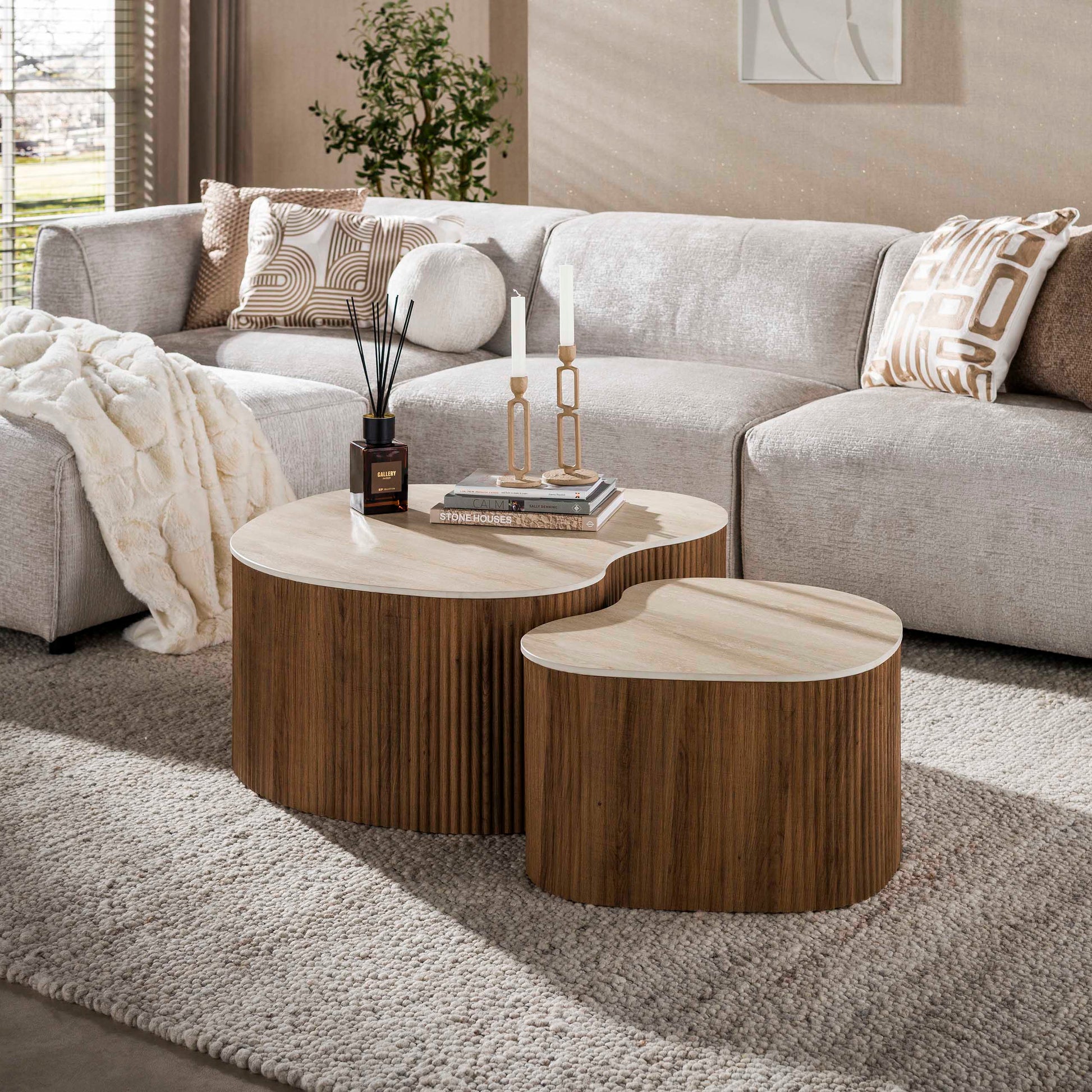 Salontafel Ceramo medio set van 2 / 3D keramiek travertin – afbeelding 1