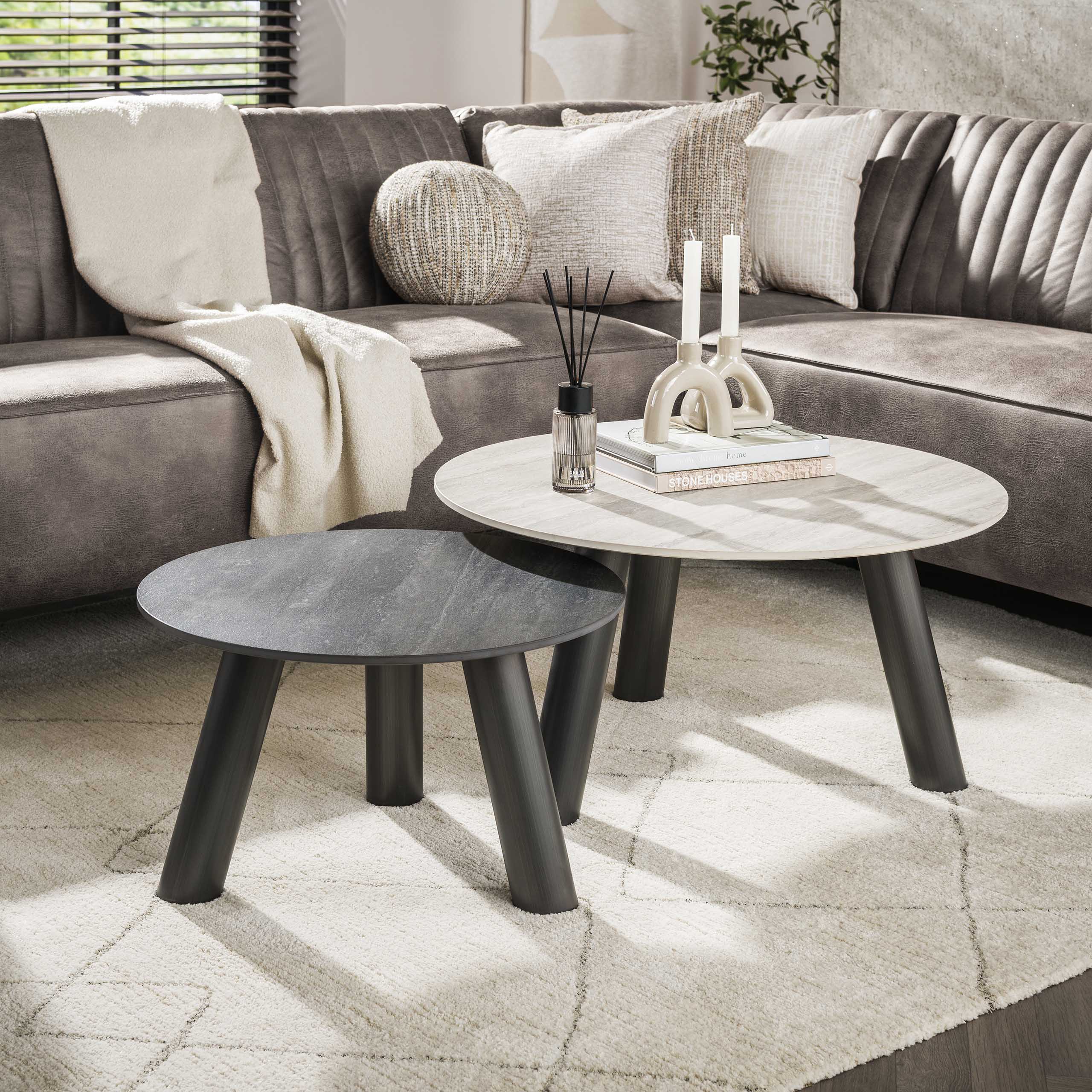 Salontafel Twin rond set van 2 / 3D keramiek travertin zwart/grijs – afbeelding 1