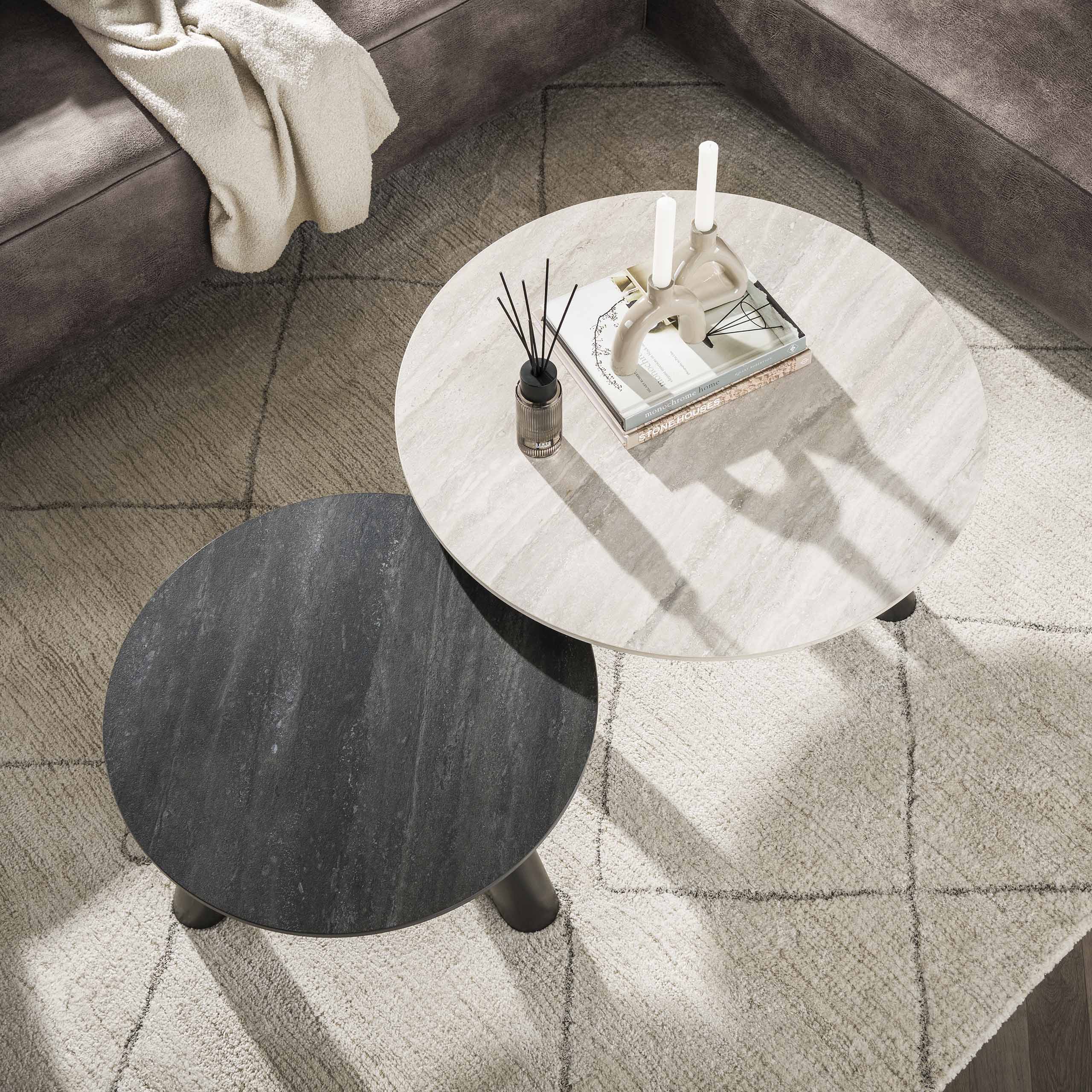 Salontafel Twin rond set van 2 / 3D keramiek travertin zwart/grijs – afbeelding 2