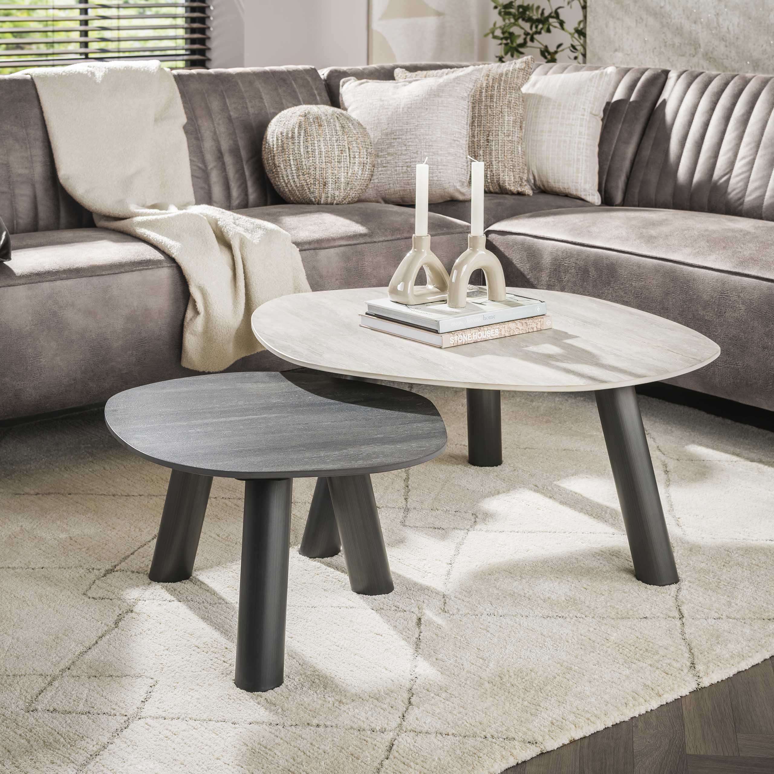Salontafel Twin log set van 2 / 3D keramiek travertin zwart/grijs – afbeelding 1