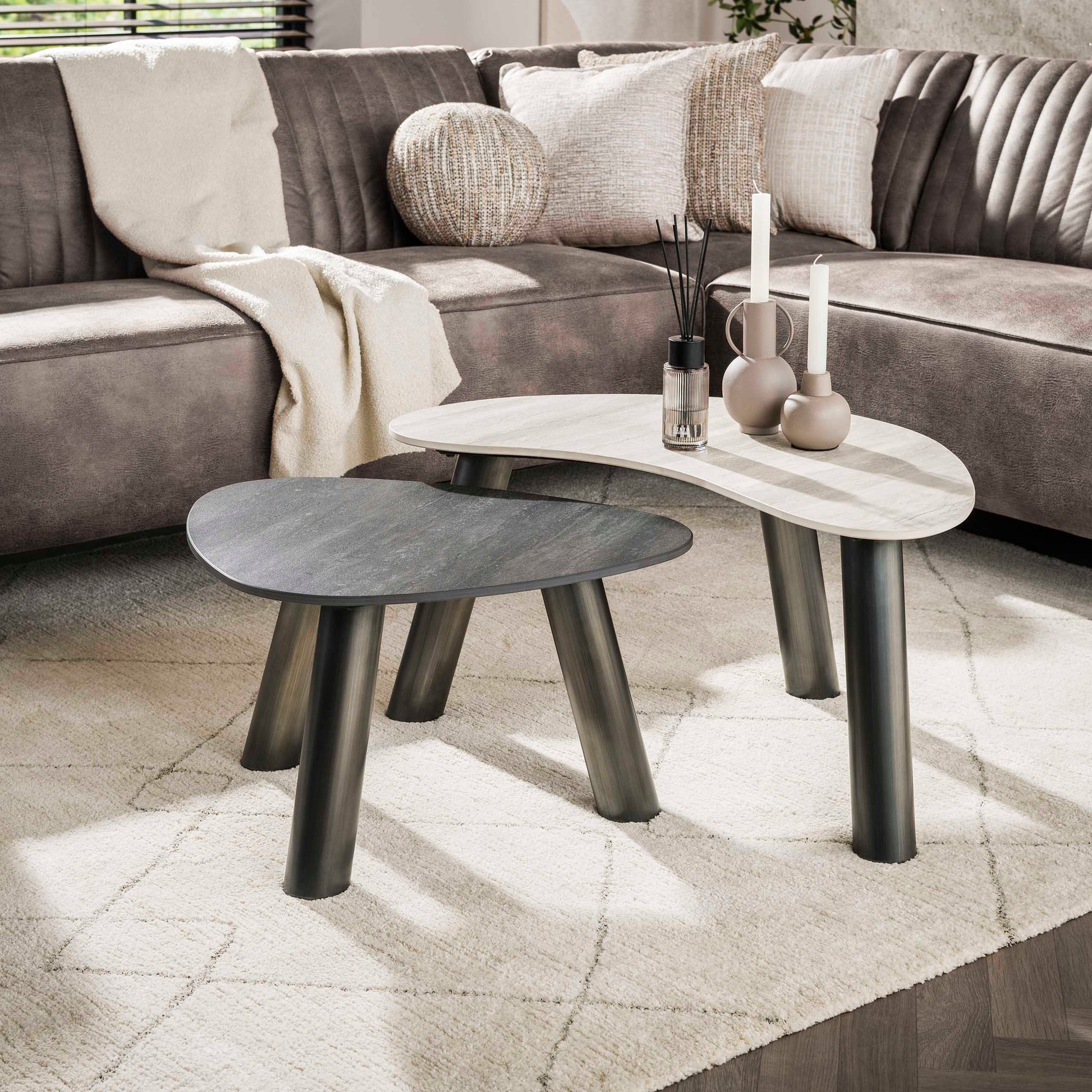 Salontafel Twin organisch set van 2 / 3D keramiek travertin zwart/grijs – afbeelding 1