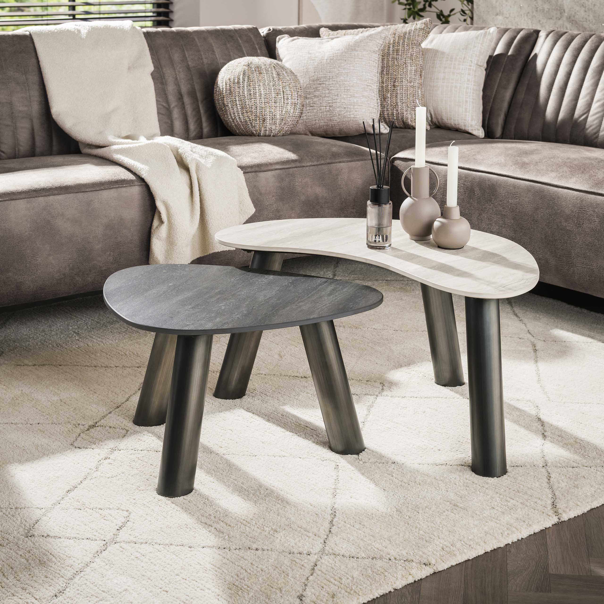 Salontafel Twin organisch set van 2 / 3D keramiek travertin zwart/grijs – afbeelding 1