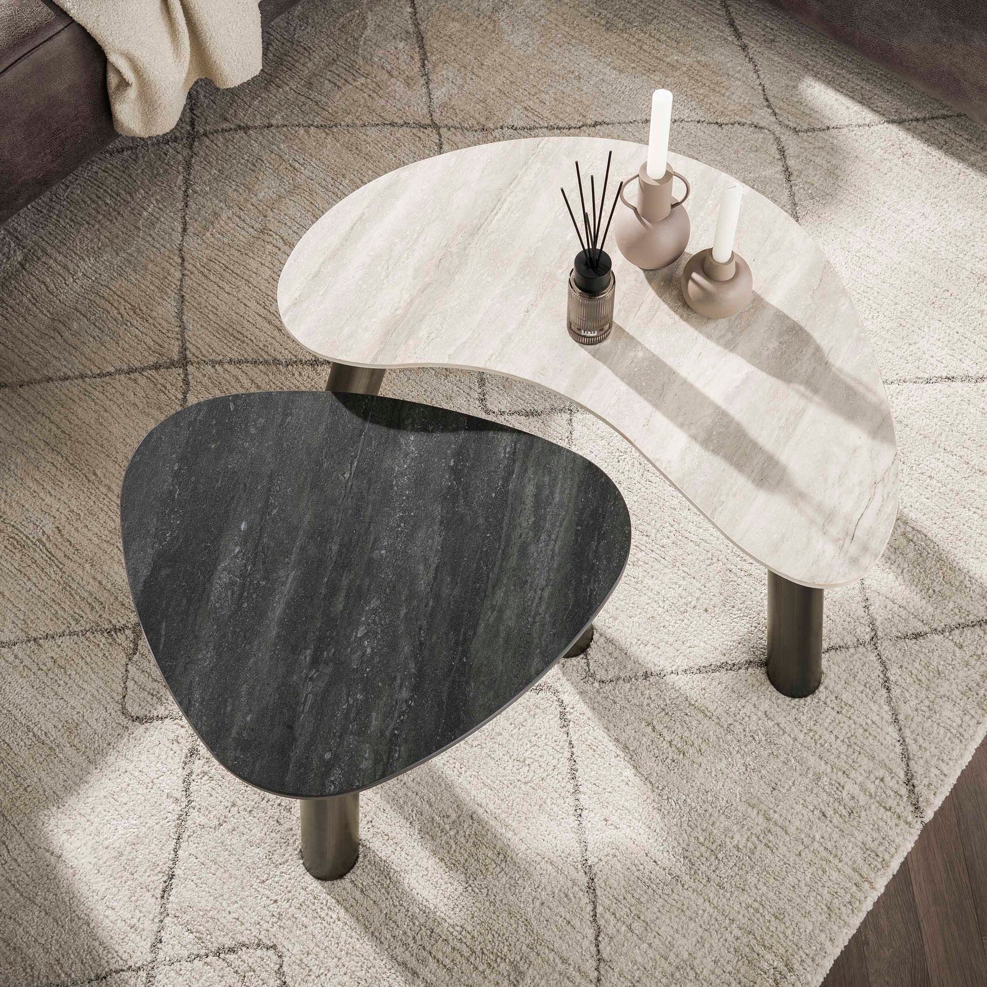 Salontafel Twin organisch set van 2 / 3D keramiek travertin zwart/grijs – afbeelding 2