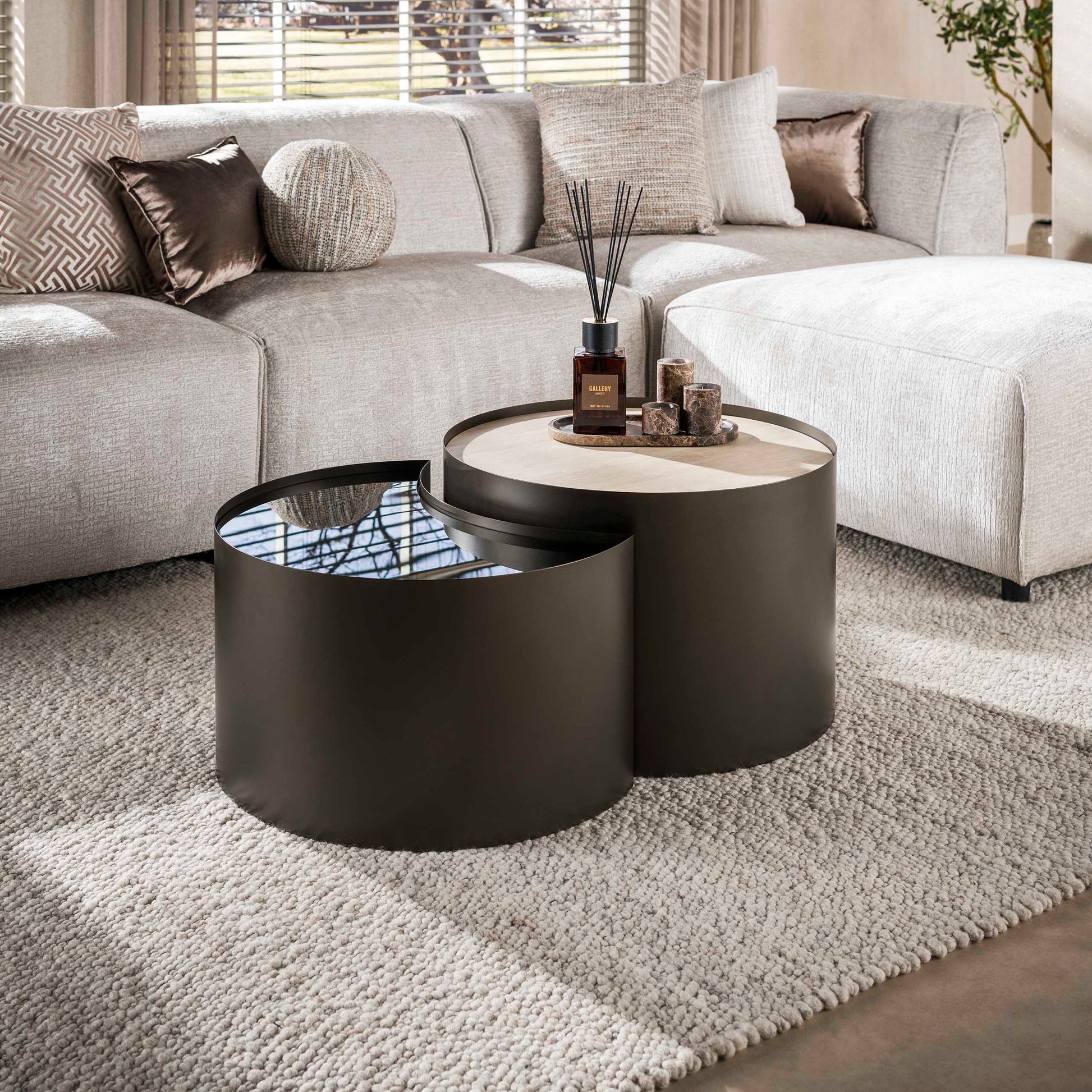 Salontafel Metal half moon set van 2 / 3D keramiek travertin – afbeelding 1