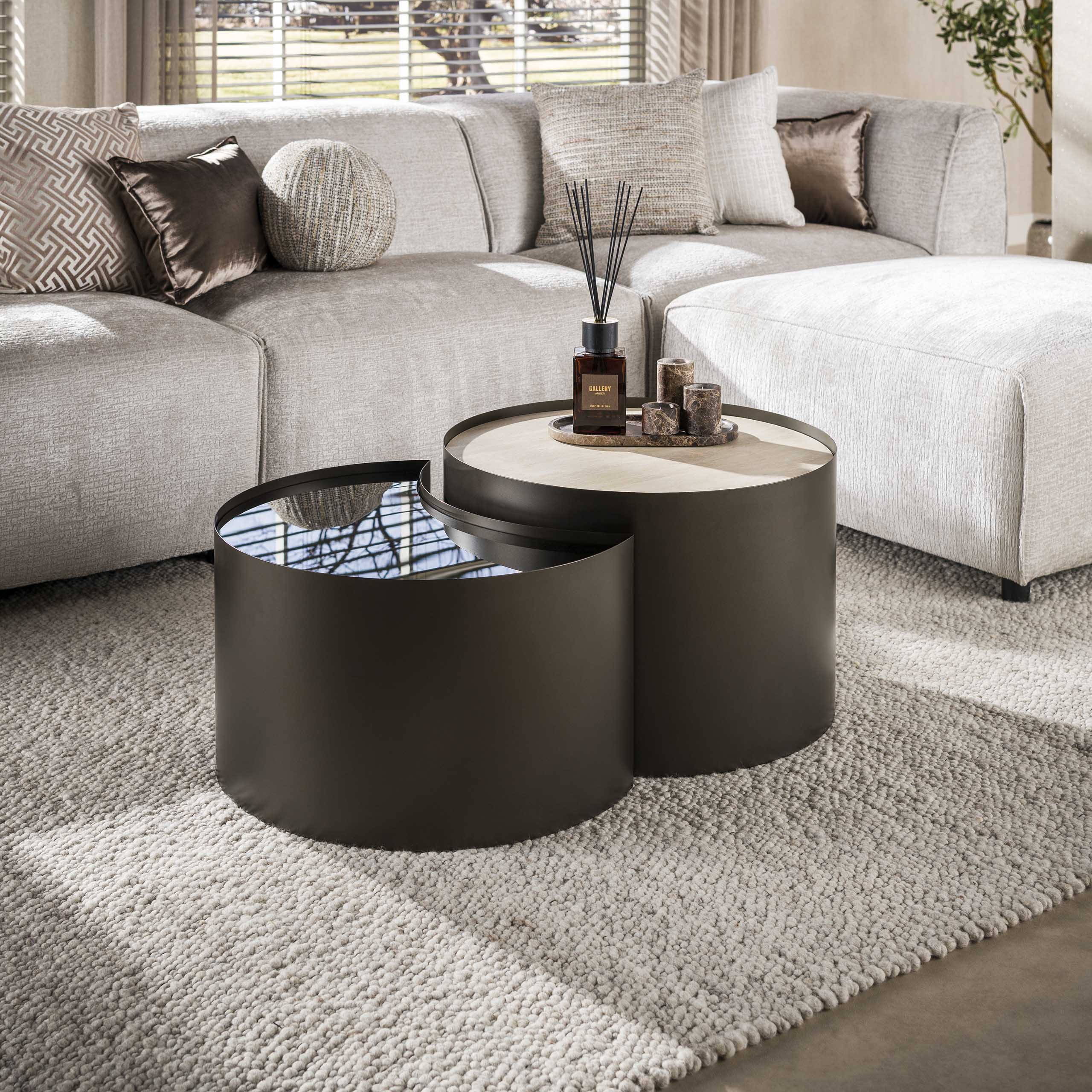 Salontafel Metal half moon set van 2 / 3D keramiek travertin – afbeelding 1