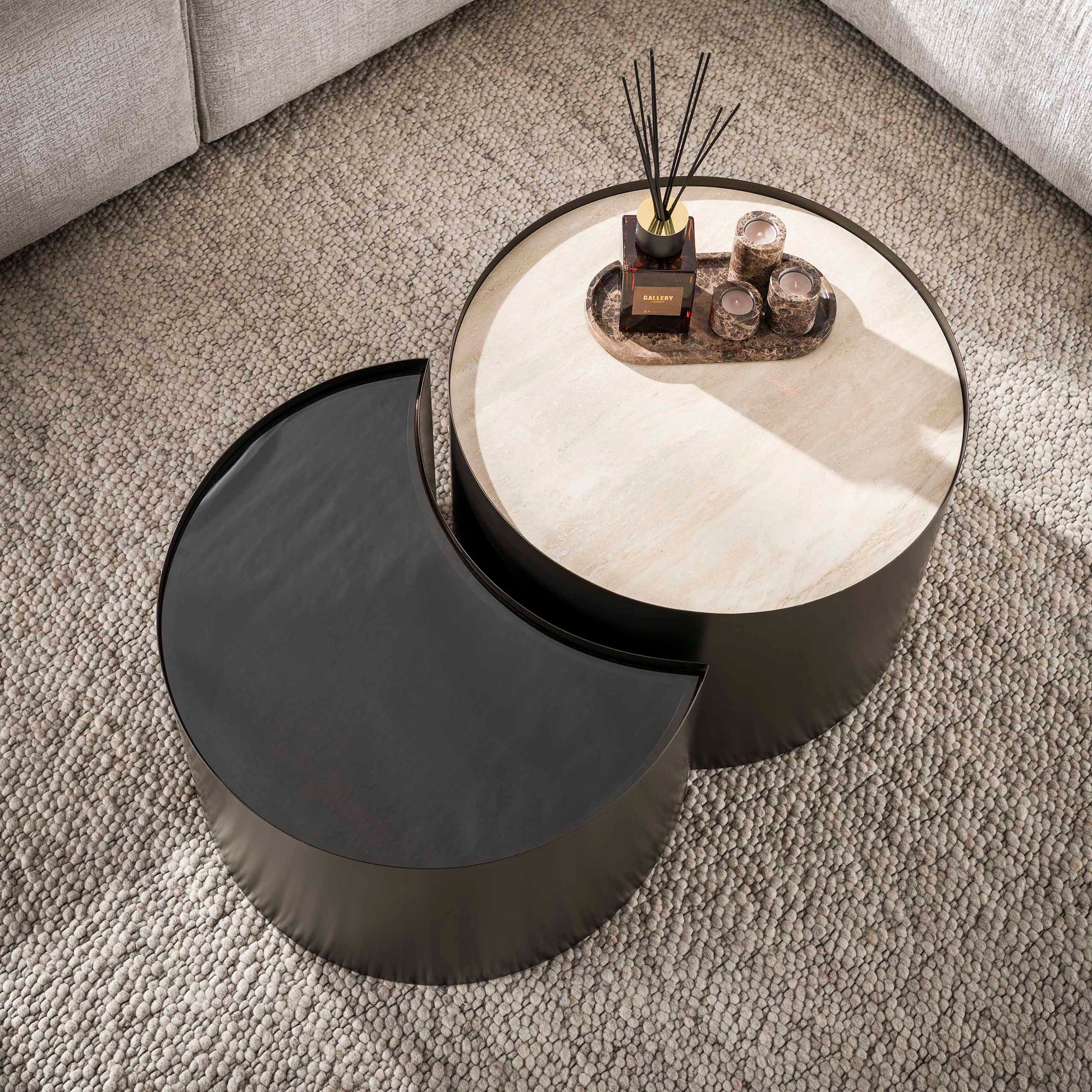 Salontafel Metal half moon set van 2 / 3D keramiek travertin – afbeelding 2
