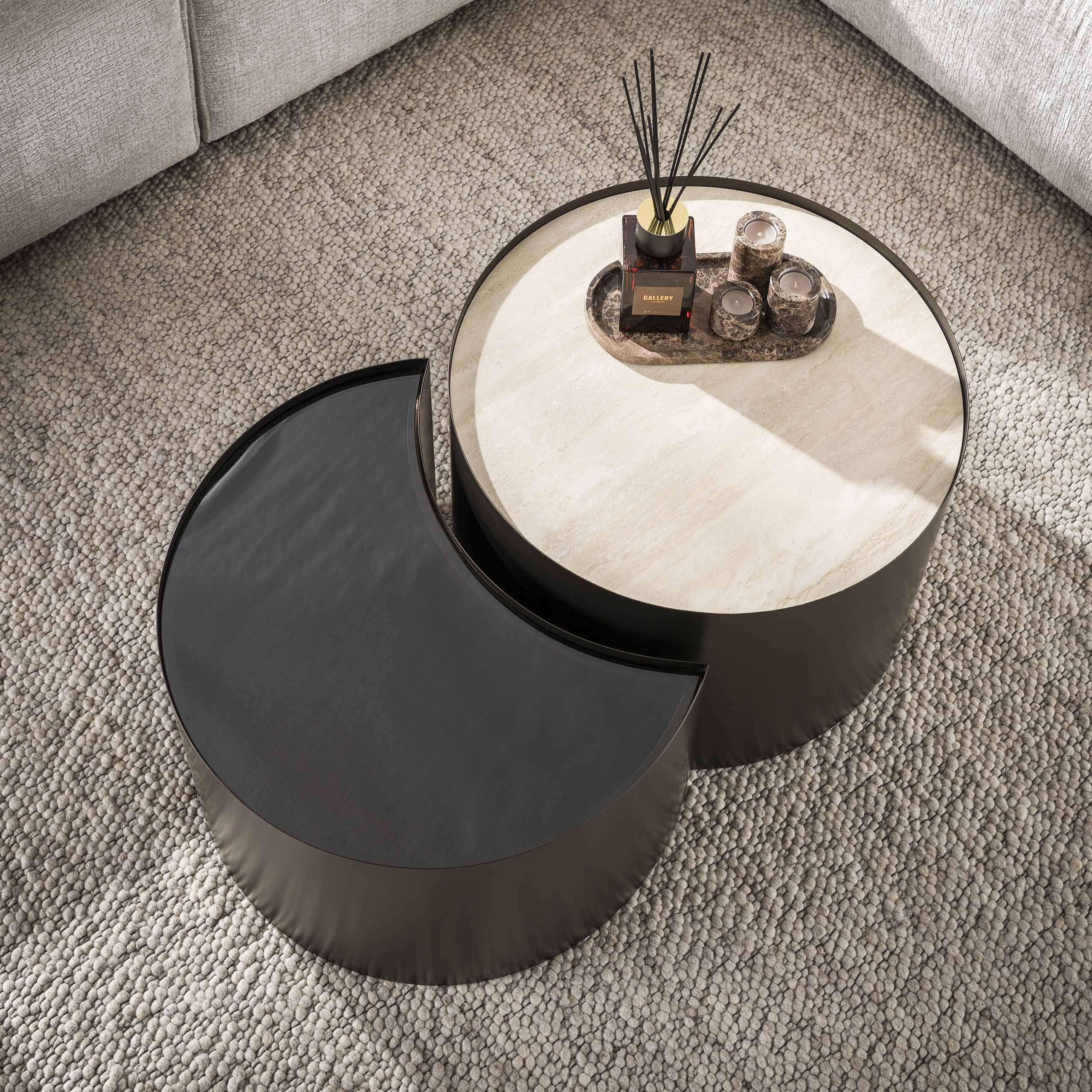 Salontafel Metal half moon set van 2 / 3D keramiek travertin – afbeelding 2