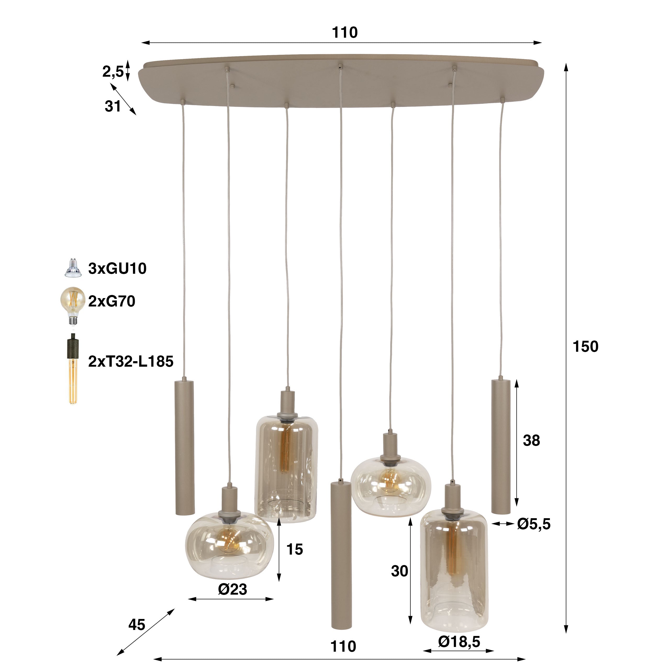 Hanglamp Serene 4+3-lichts / Beige – afbeelding 8