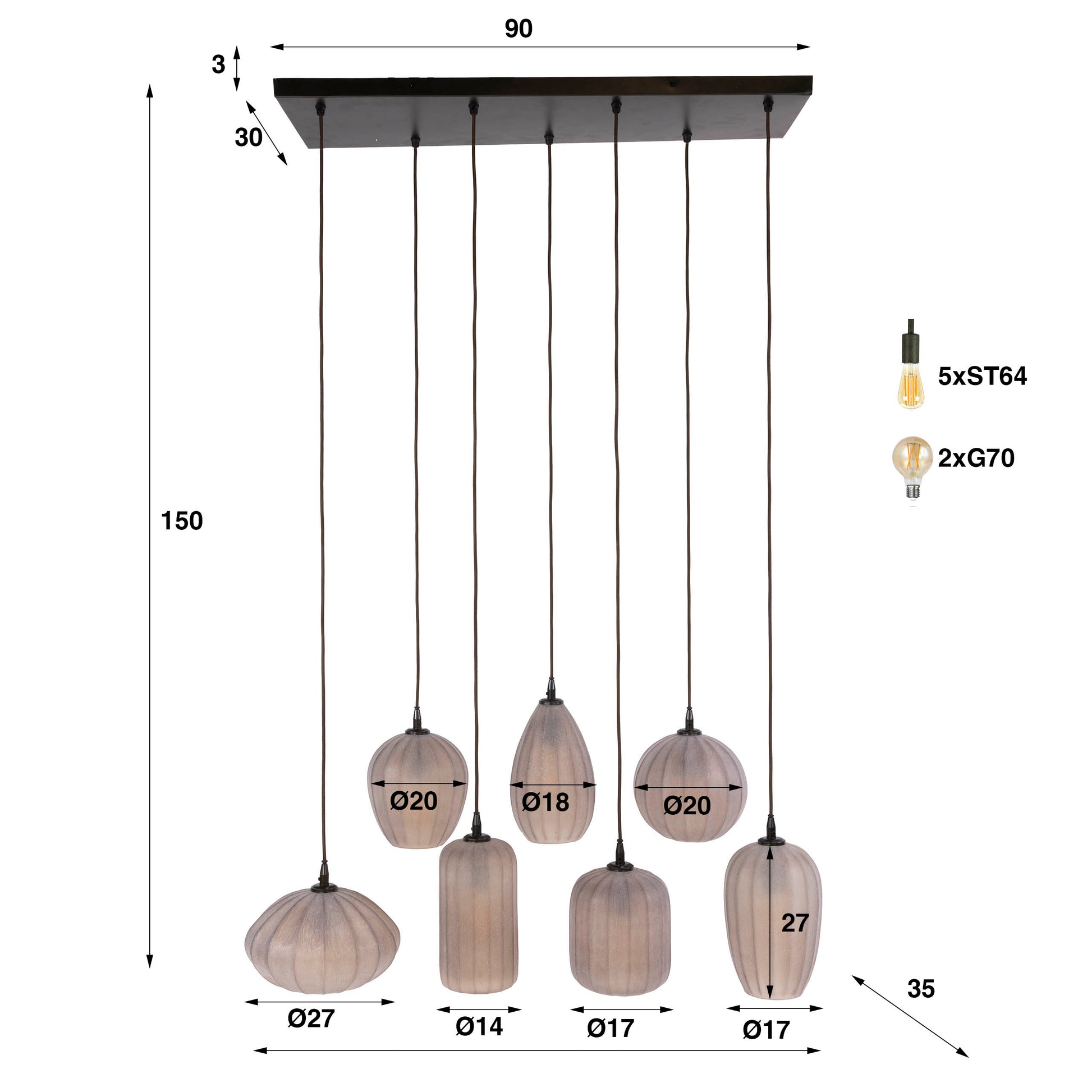 Hanglamp Altura 4+3-lichts / Sienna bruin-frosted – afbeelding 8