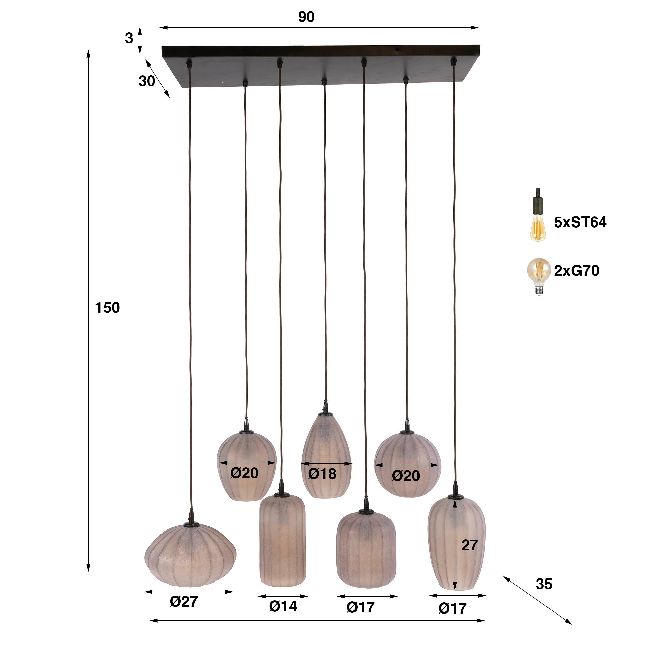 Hanglamp Altura 4+3-lichts / Sienna bruin-frosted – afbeelding 8