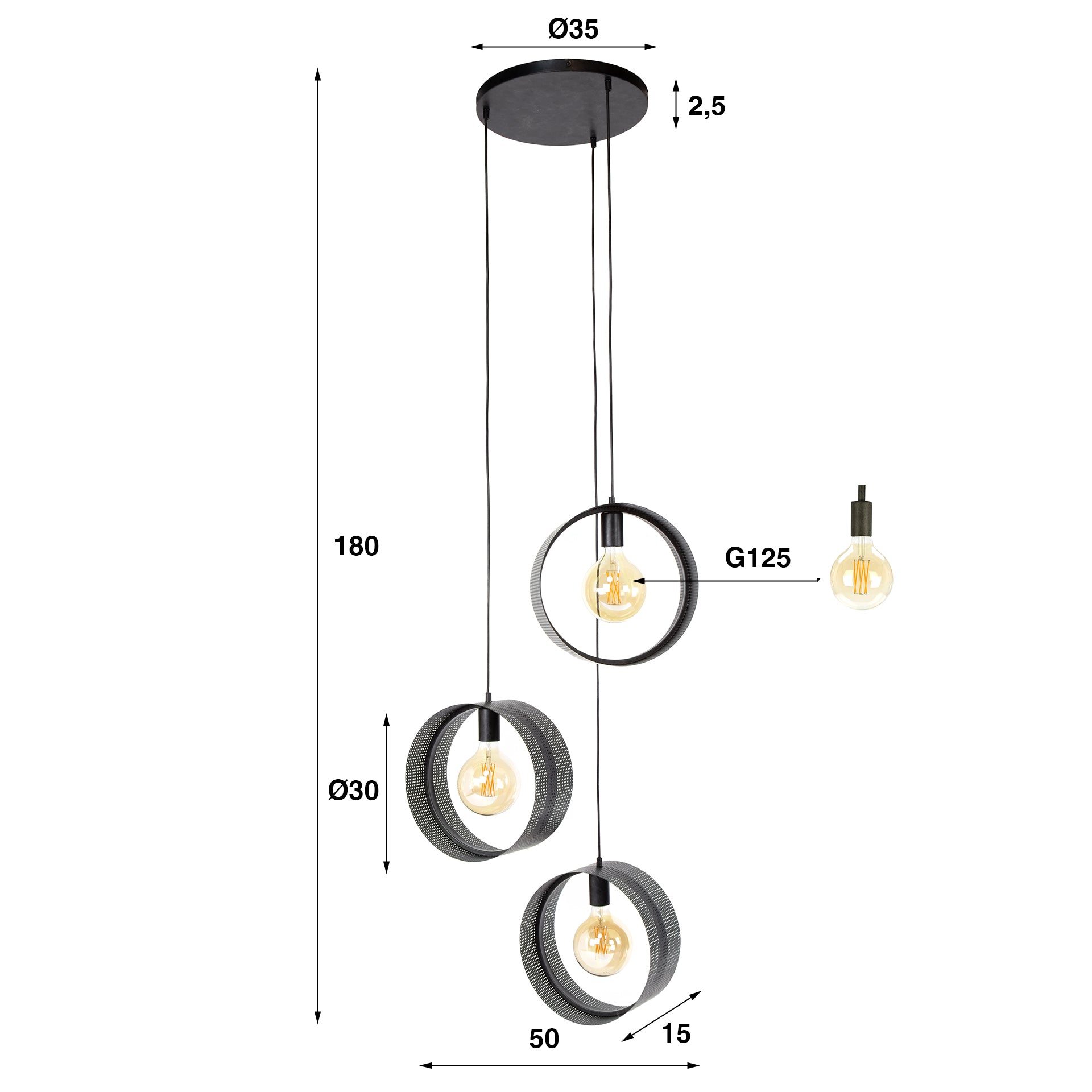 Hanglamp Ring mesh getrapt 3-lichts / Charcoal – afbeelding 5