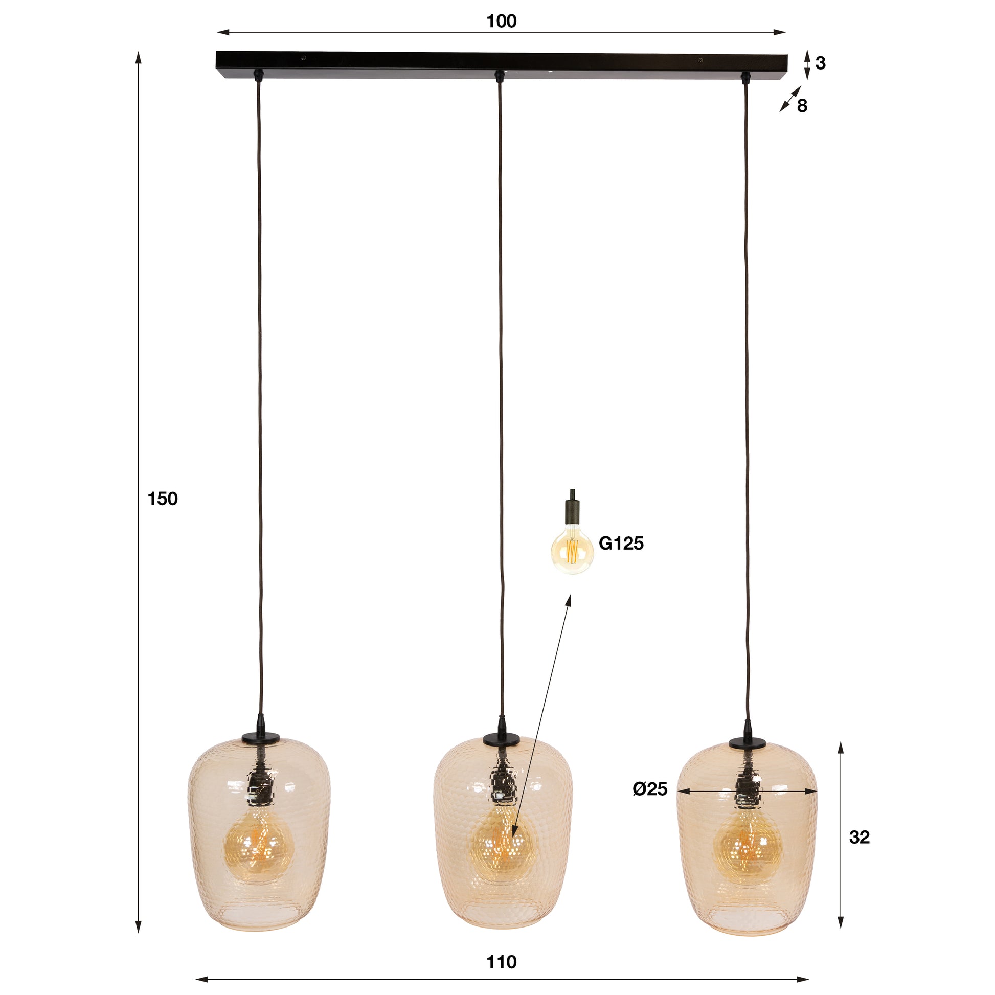 Hanglamp Python 3-lichts / Amber glas – afbeelding 6