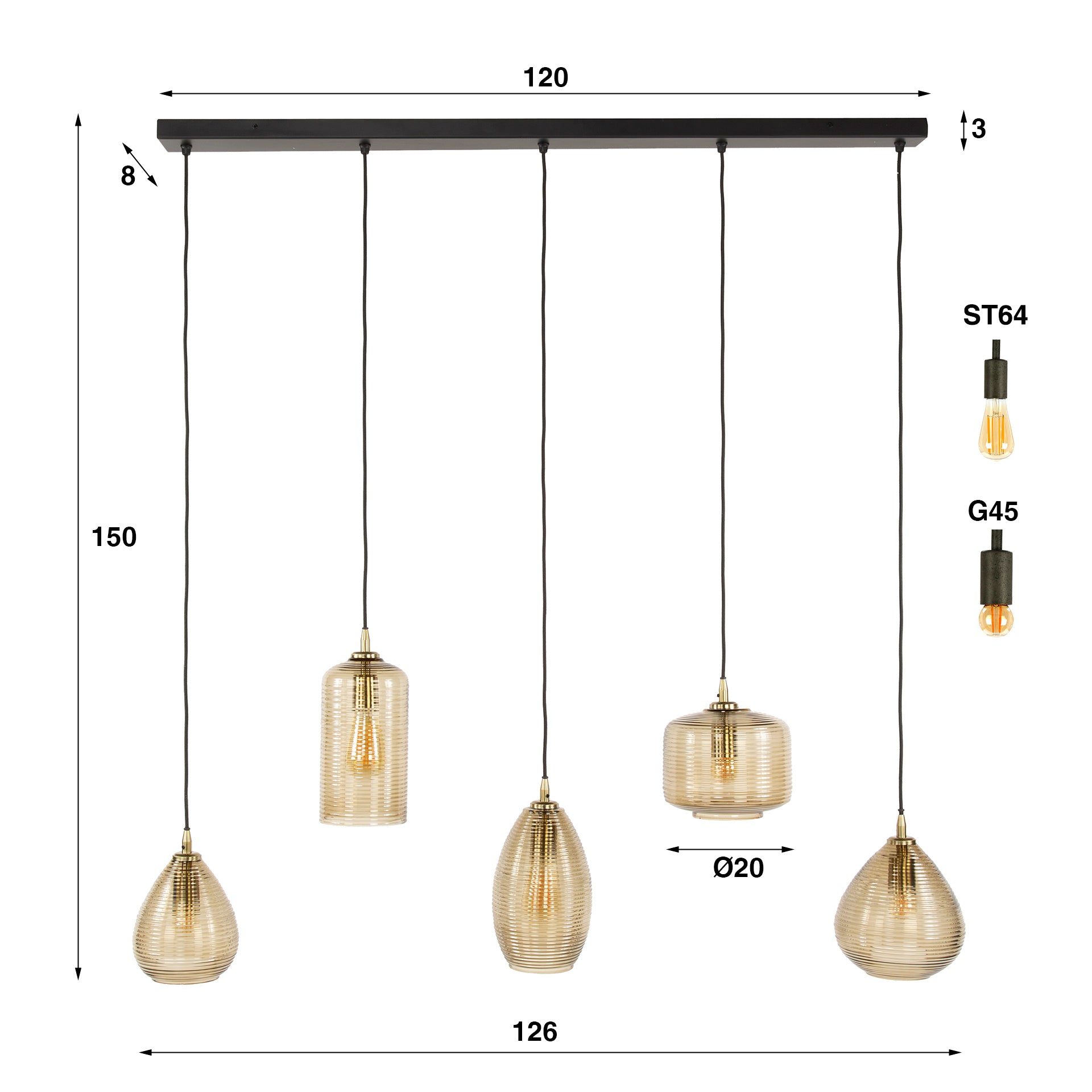 Hanglamp Stripe Horizontal 5-lichts / Smoke bruin glas – afbeelding 5