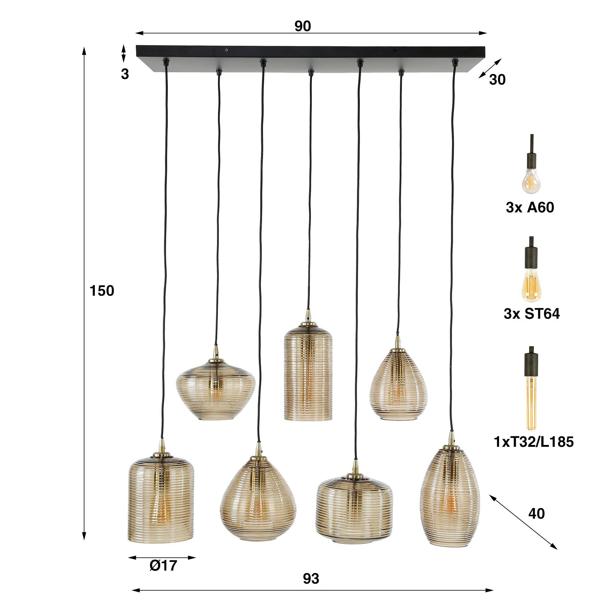Hanglamp Stripe Horizontal 4+3-lichts / Amber glas – afbeelding 6