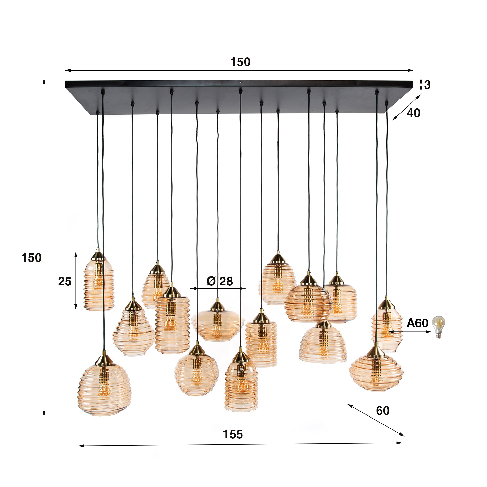 Hanglamp Rib Glass 5+5+5-lichts / Amber glas – afbeelding 7