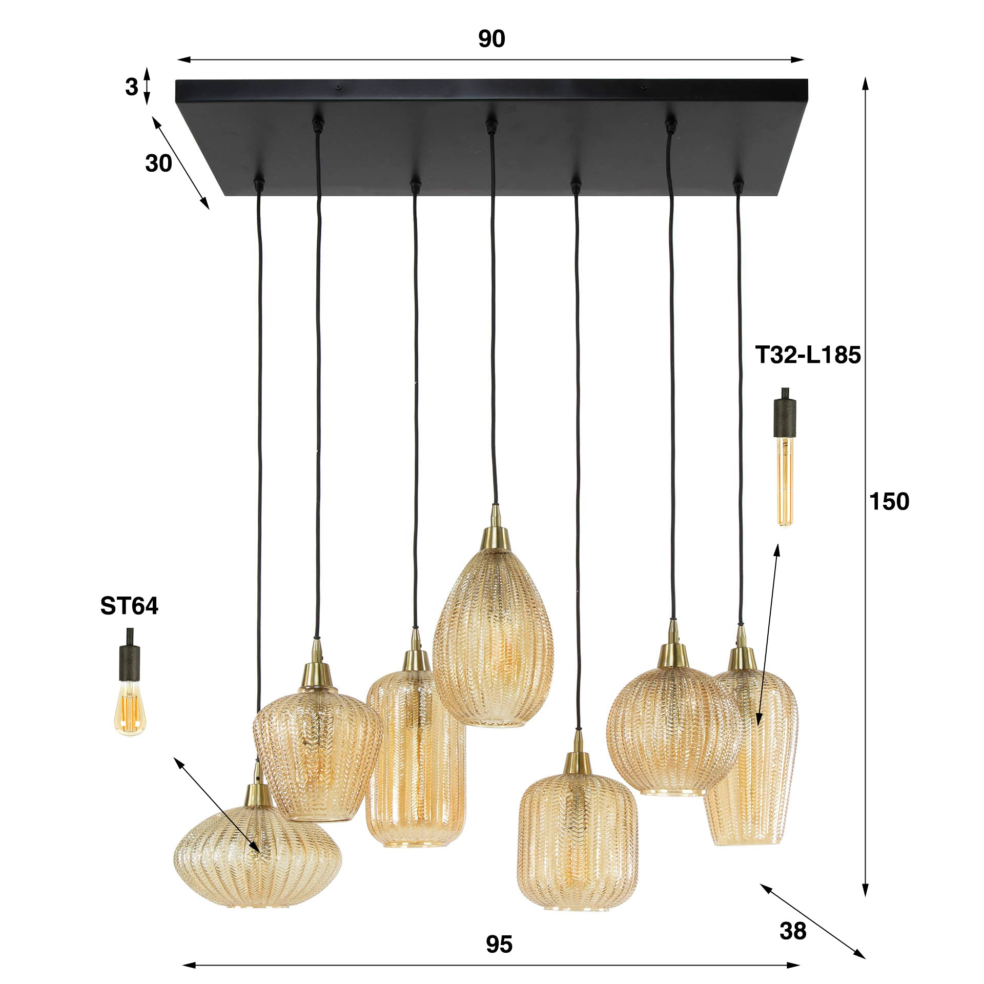 Hanglamp V-Shape 4+3-lichts  / Amber glas – afbeelding 6