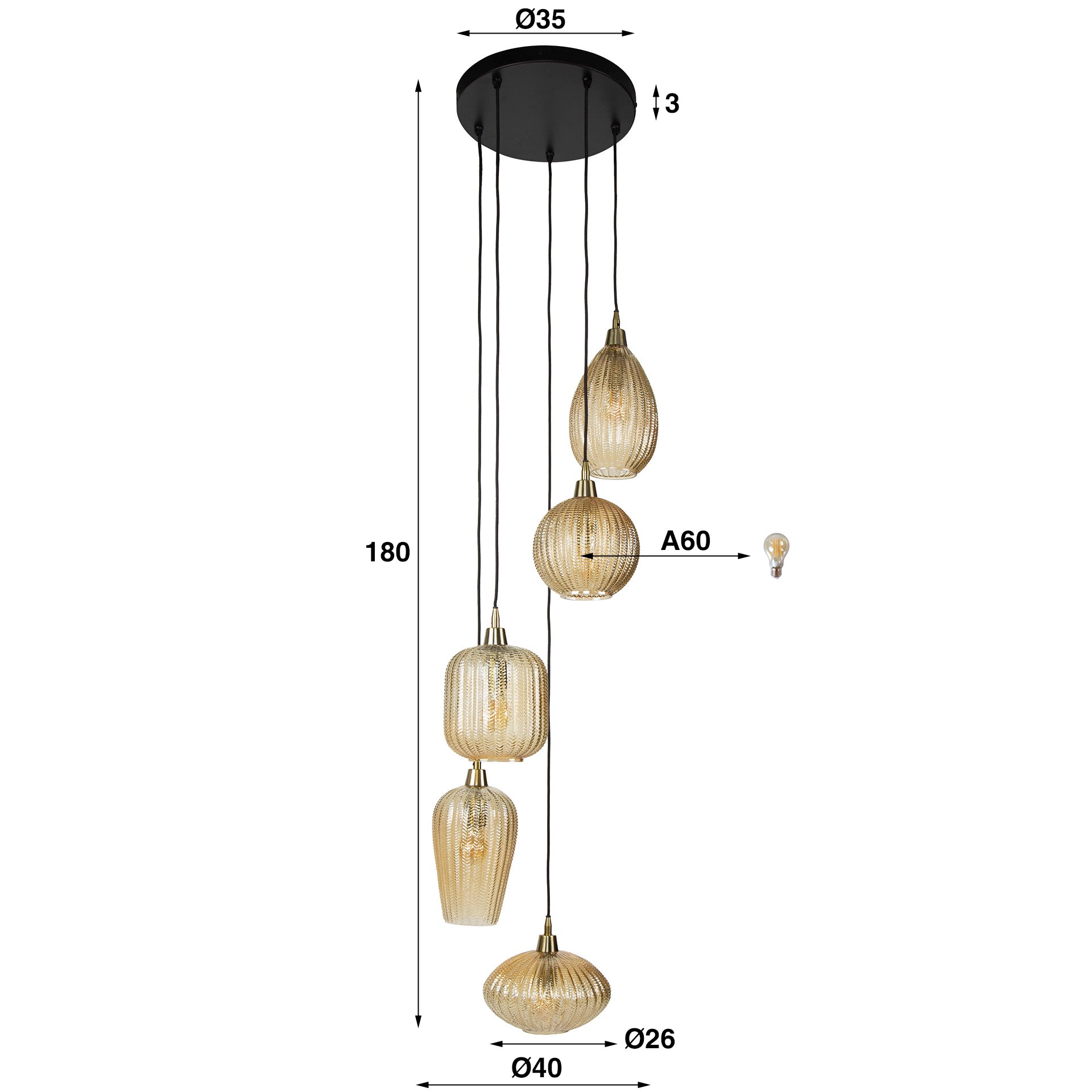 Hanglamp V-Shape getrapt 5-lichts / Amber glas – afbeelding 5
