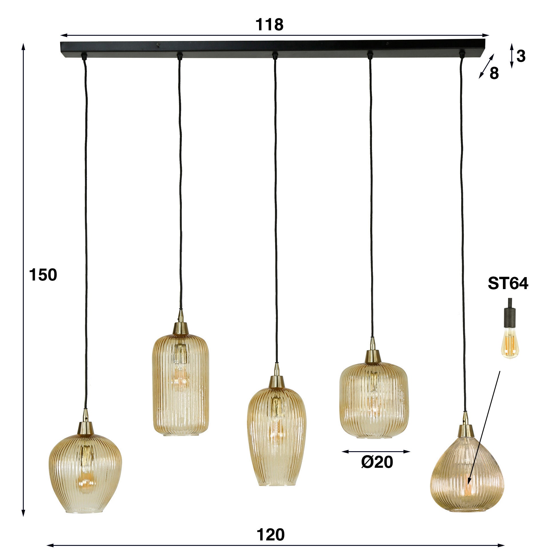 Hanglamp Stripe 5-lichts / Amber glas – afbeelding 6