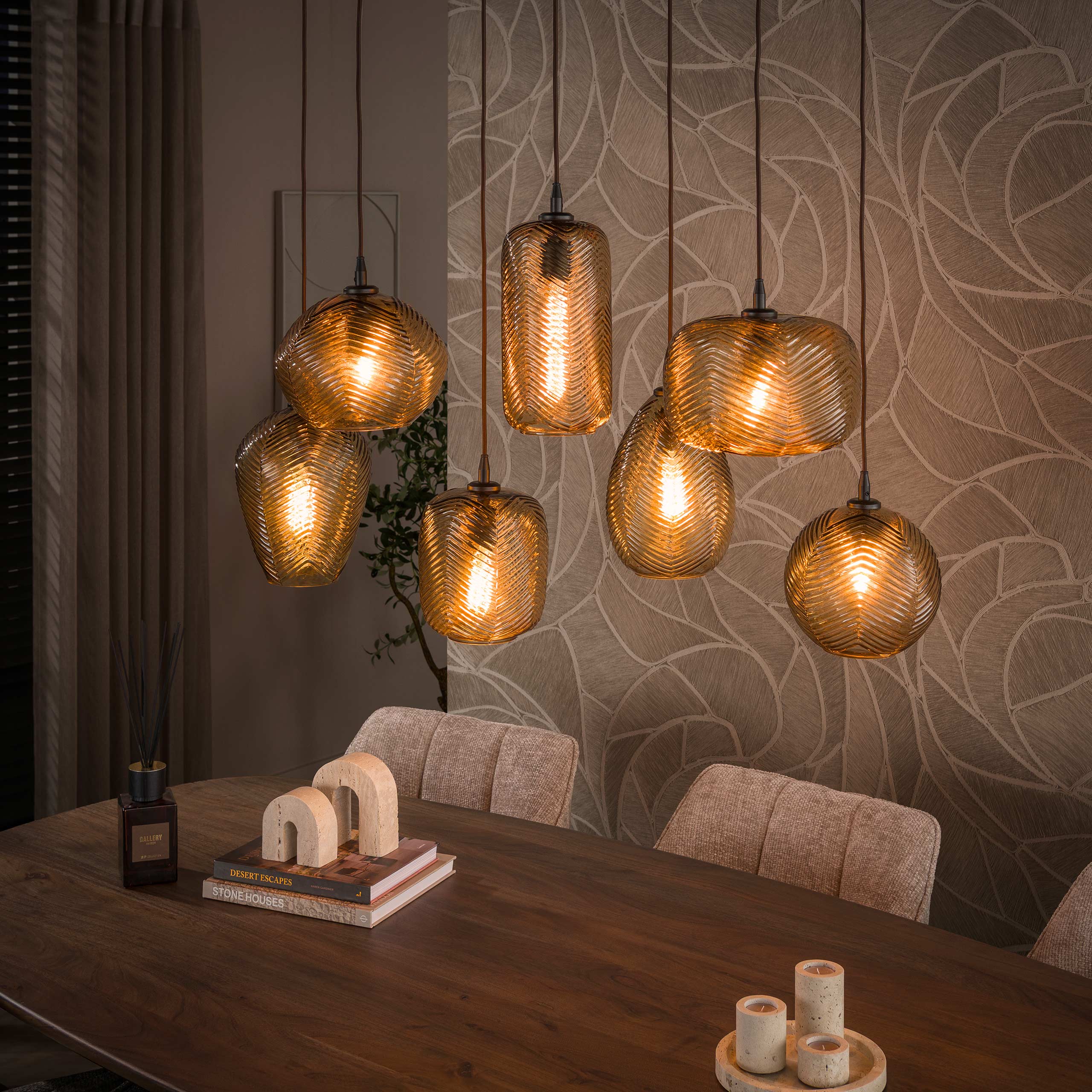 Hanglamp Chevron 4+3-lichts / Smoke bruin glas – afbeelding 1