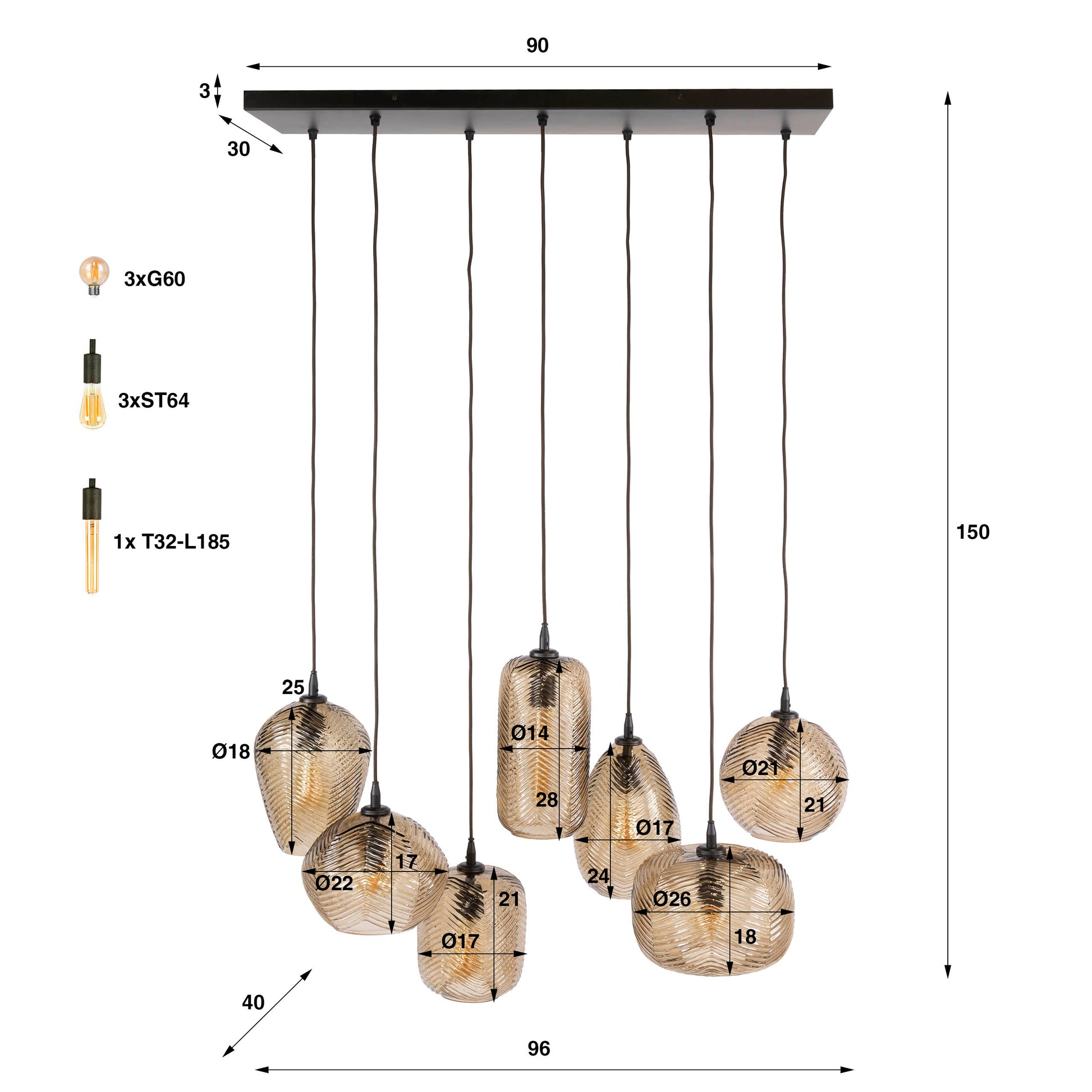 Hanglamp Chevron 4+3-lichts / Smoke bruin glas – afbeelding 6
