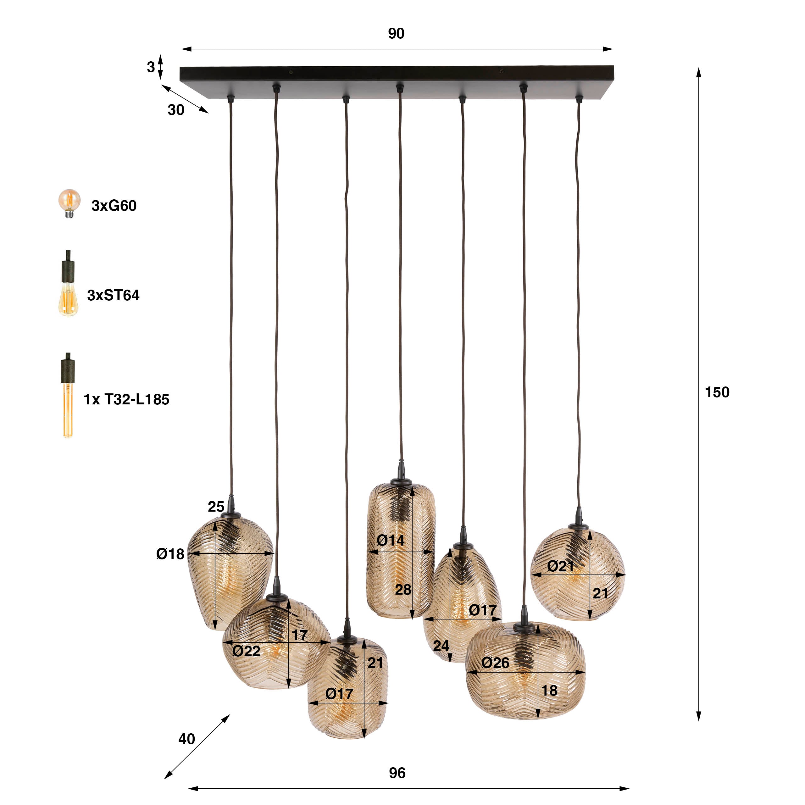 Hanglamp Chevron 4+3-lichts / Smoke bruin glas – afbeelding 6