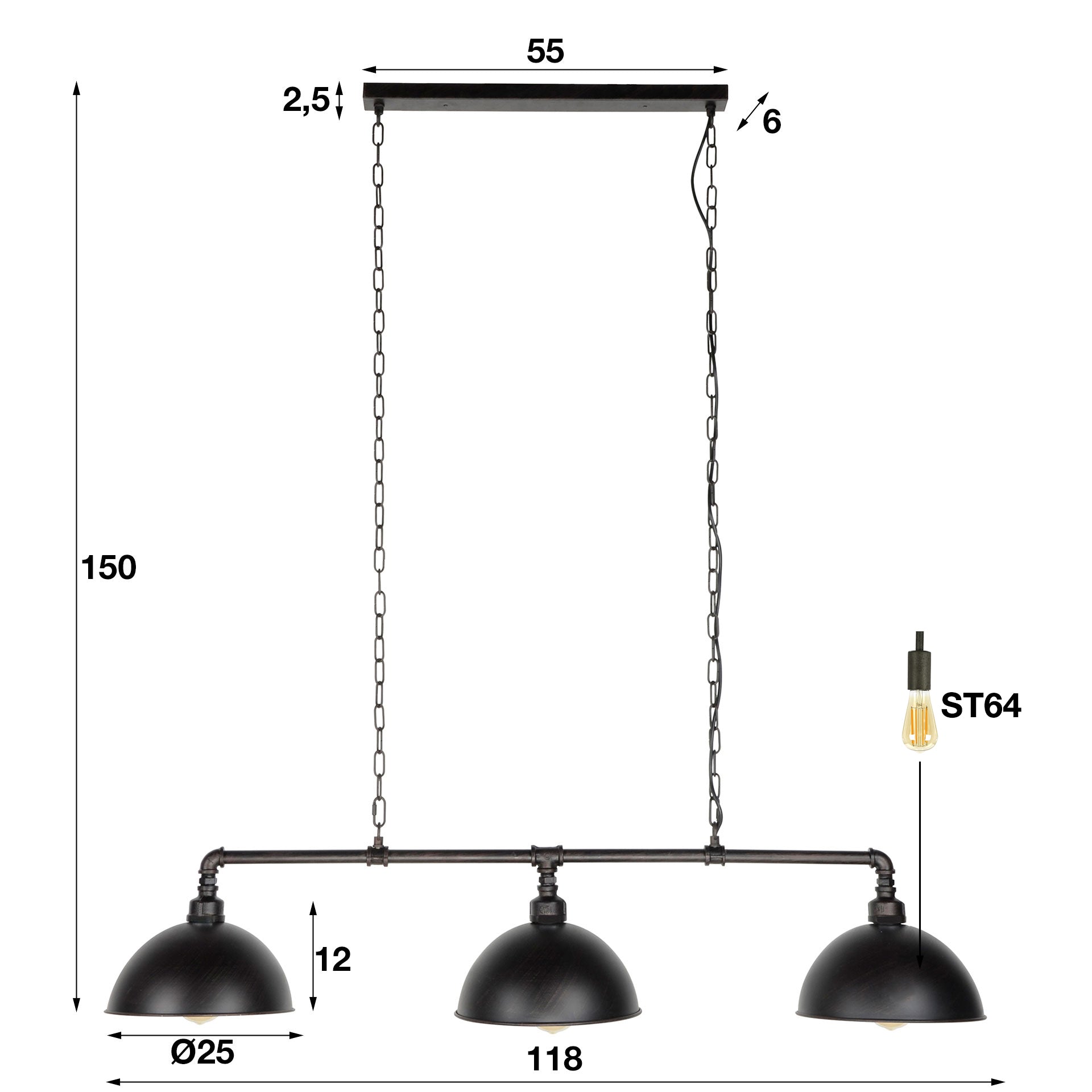 Hanglamp Industrial Tube 3-lichts / Zwart – afbeelding 4