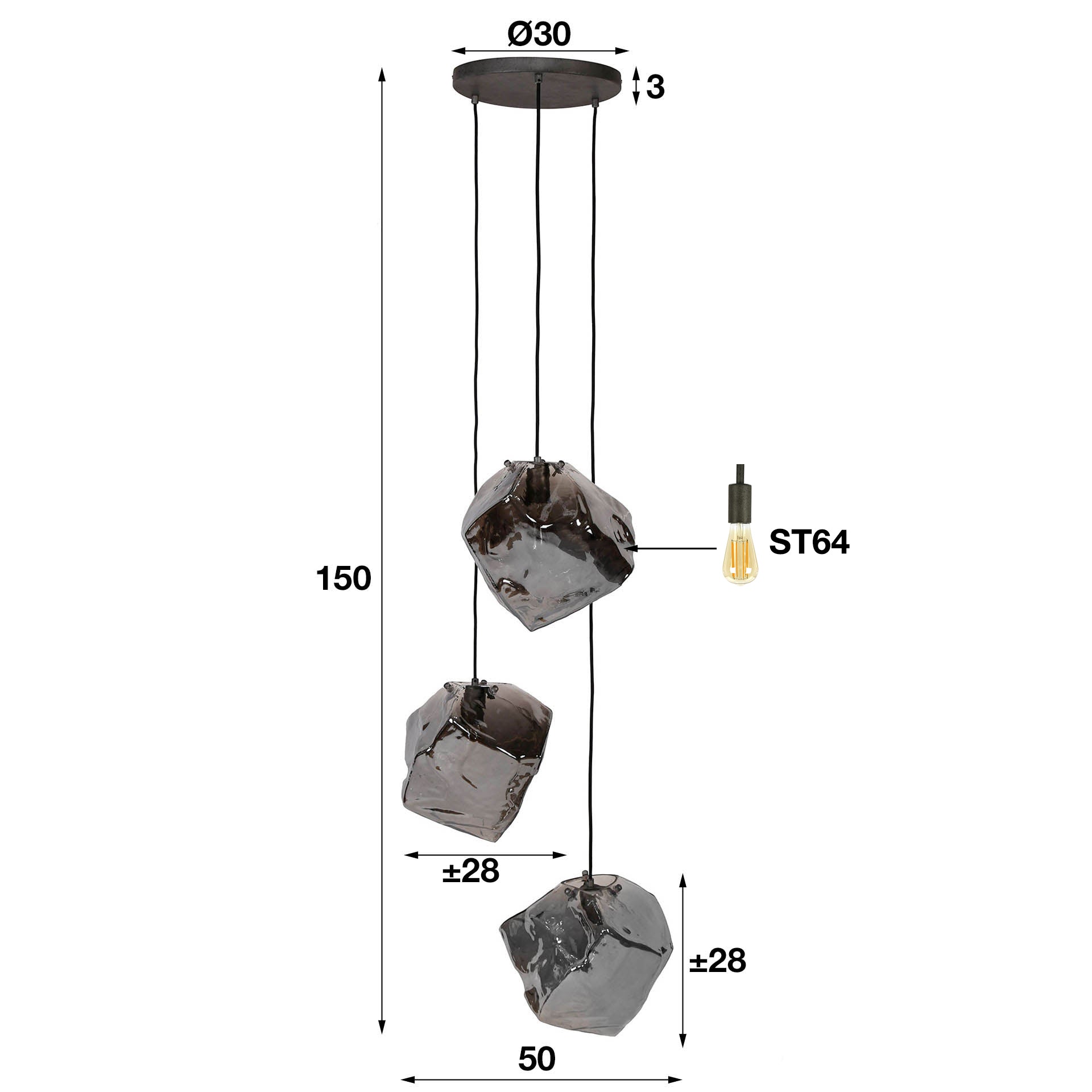 Hanglamp Rock getrapt 3-lichts / Chroom glas – afbeelding 4