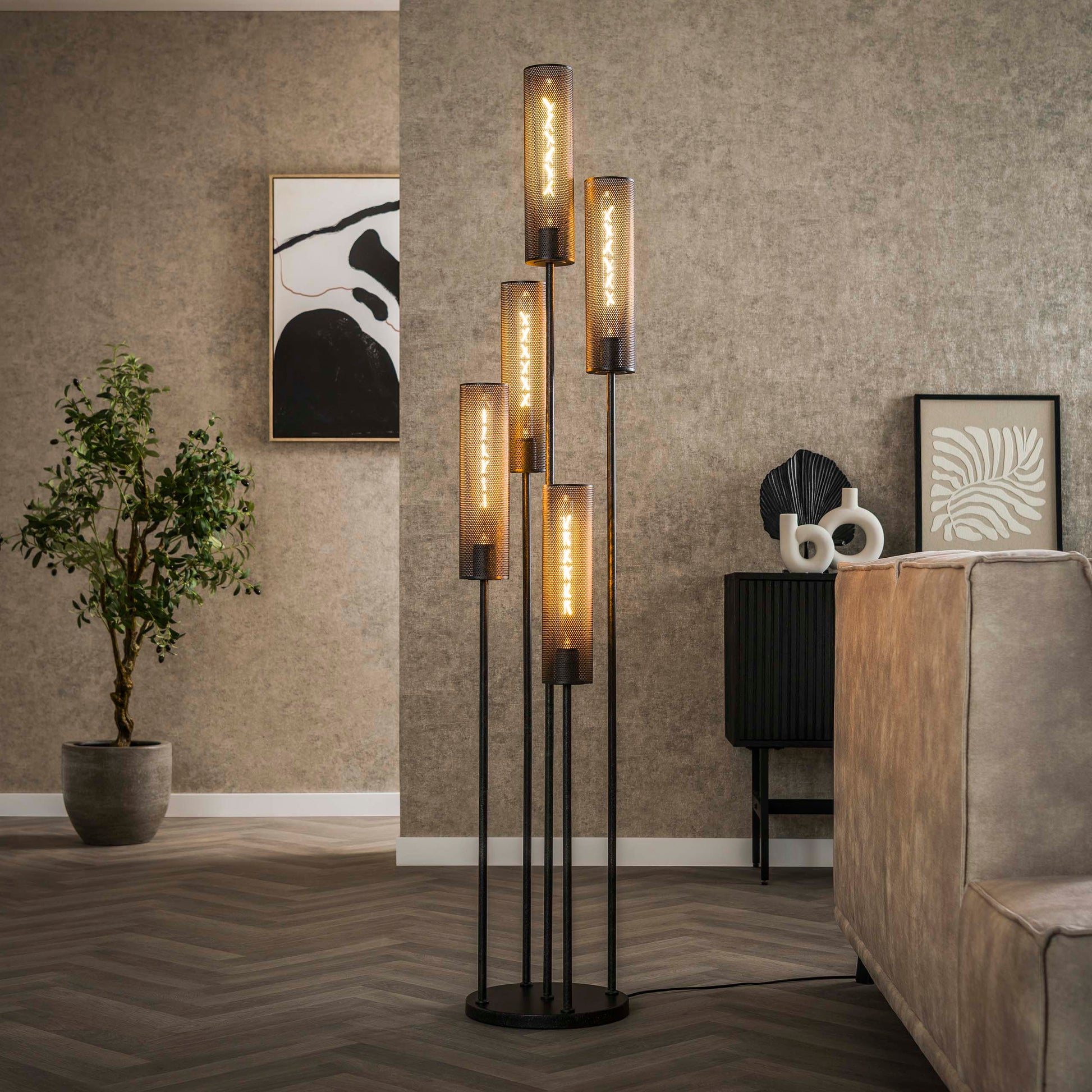 Vloerlamp Tube Mesh getrapt 5-lichts / Artic zwart – afbeelding 1