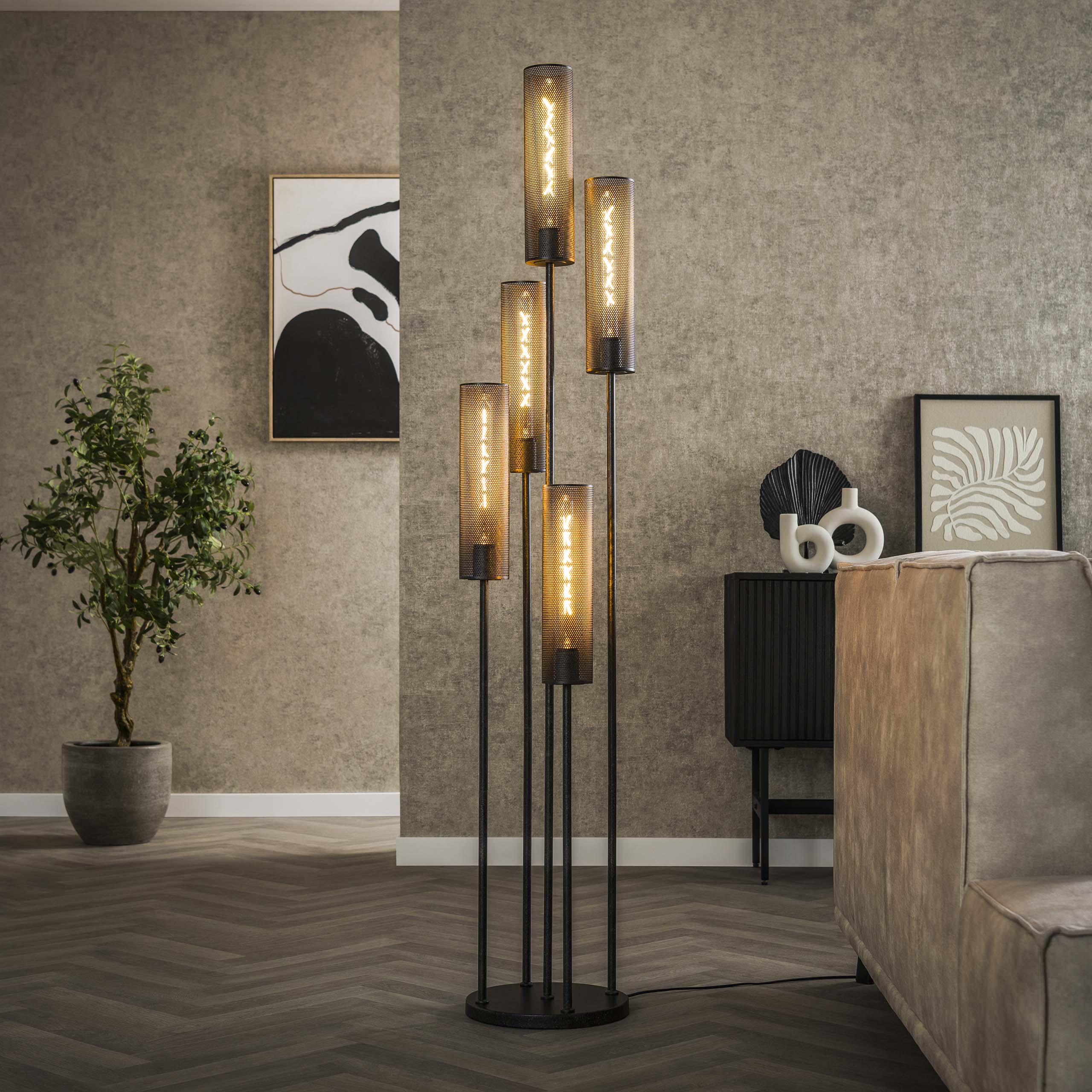 Vloerlamp Tube Mesh getrapt 5-lichts / Artic zwart – afbeelding 1