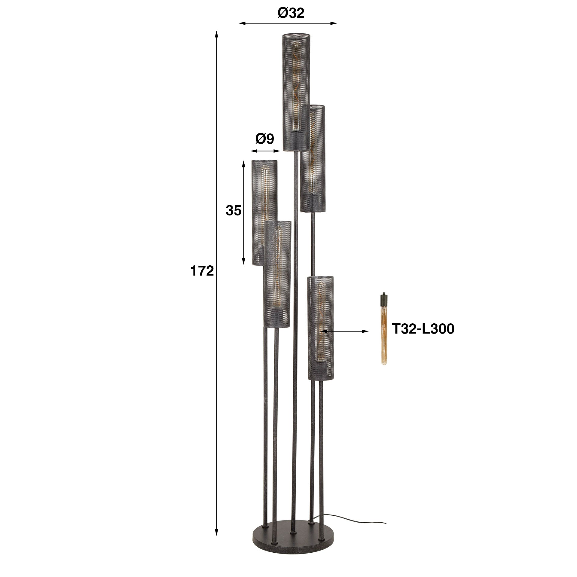 Vloerlamp Tube Mesh getrapt 5-lichts / Artic zwart – afbeelding 5