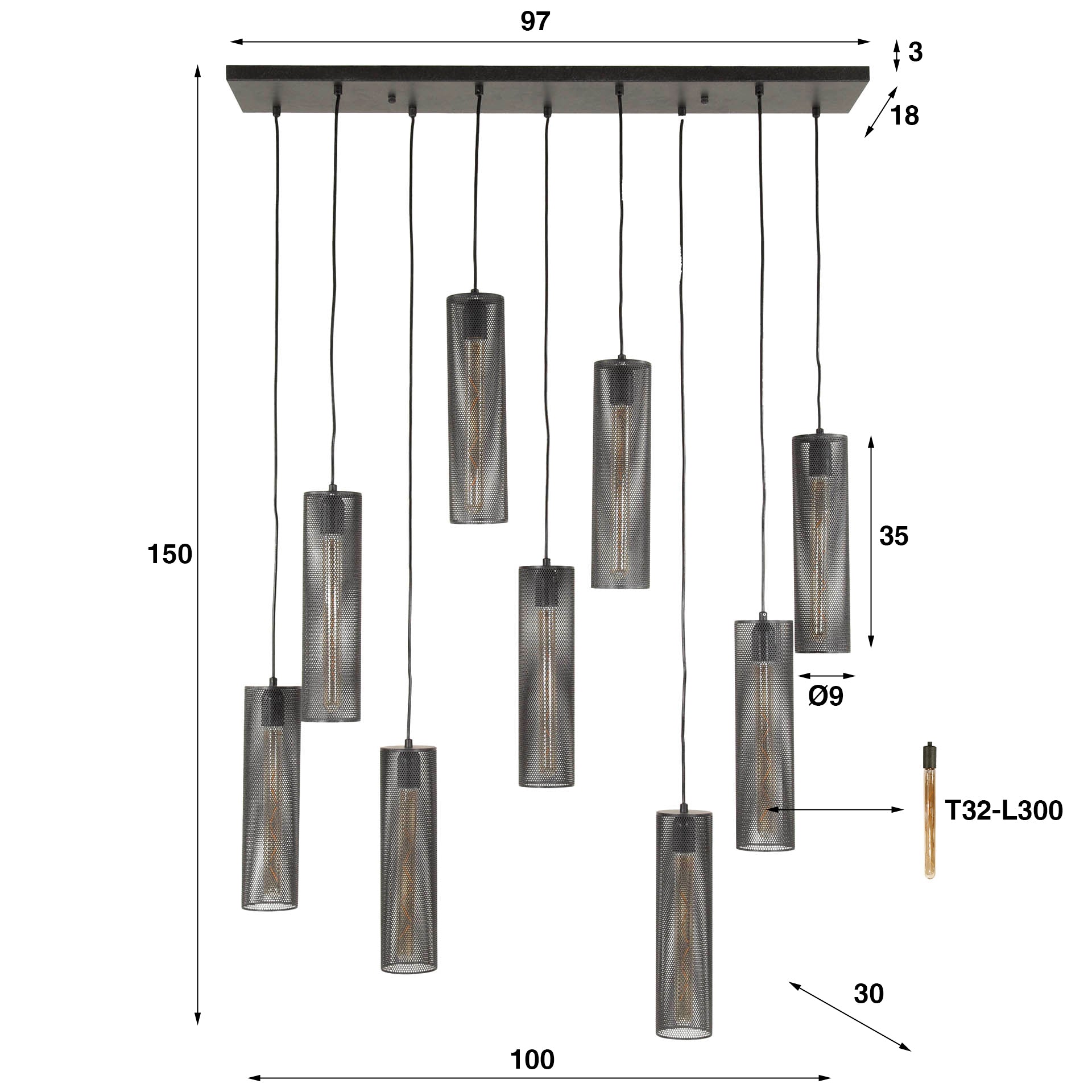 Hanglamp Tube Mesh 5+4-lichts / Artic zwart – afbeelding 5