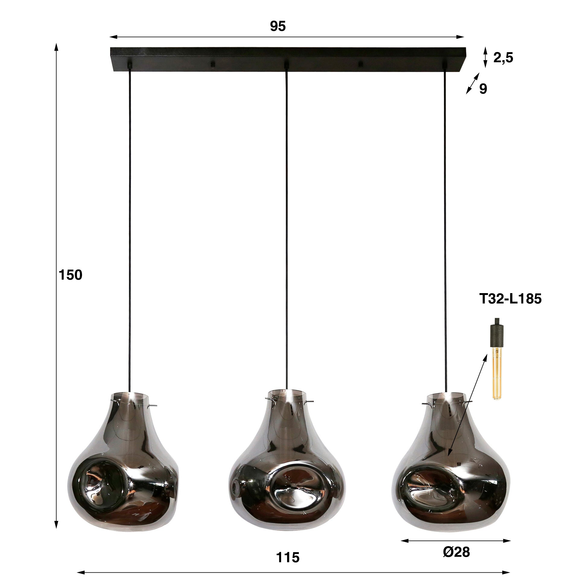 Hanglamp Dent Glass 3-lichts / Artic zwart – afbeelding 6