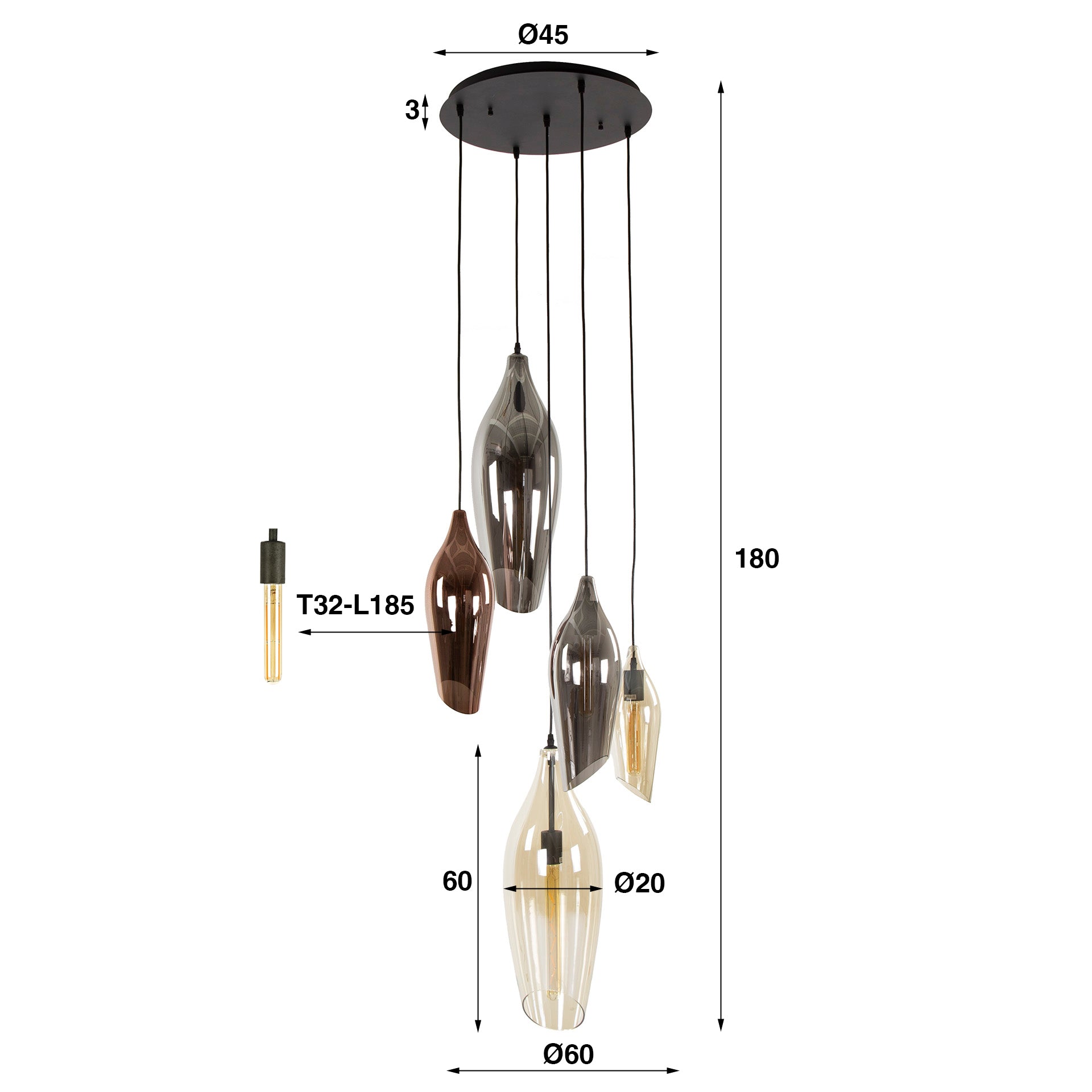 Hanglamp Cocoon getrapt 5-lichts / Zwart – afbeelding 6