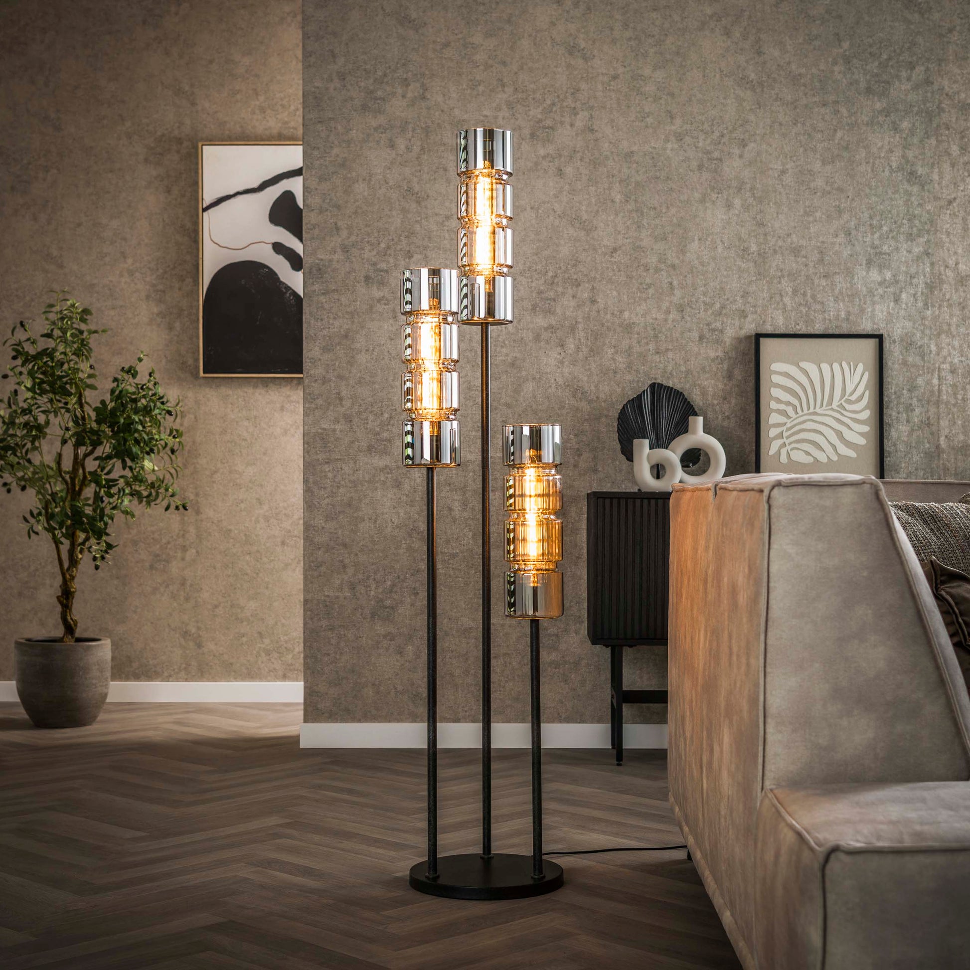 Vloerlamp Cylinder Glass getrapt 3-lichts / Artic zwart – afbeelding 1
