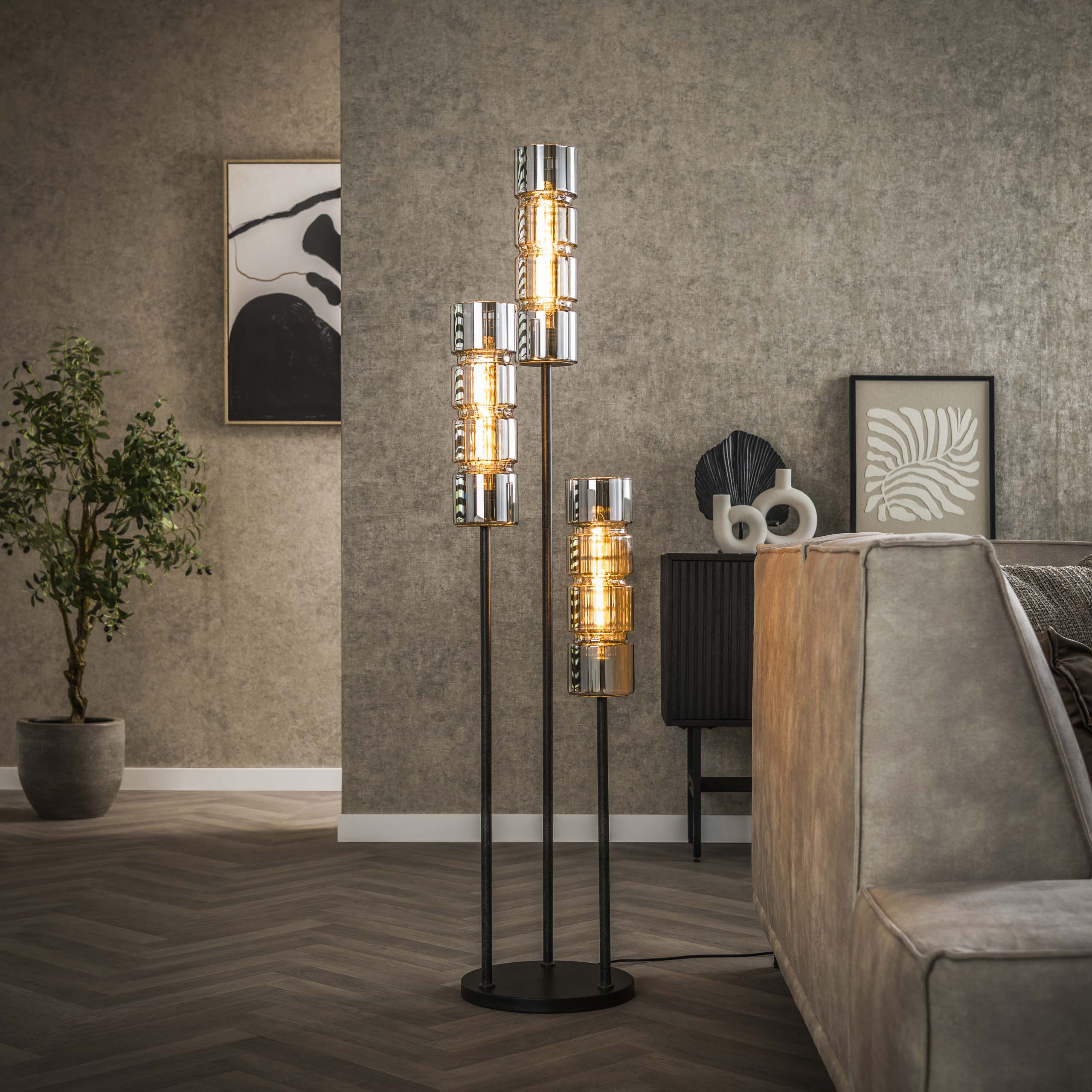 Vloerlamp Cylinder Glass getrapt 3-lichts / Artic zwart – afbeelding 1