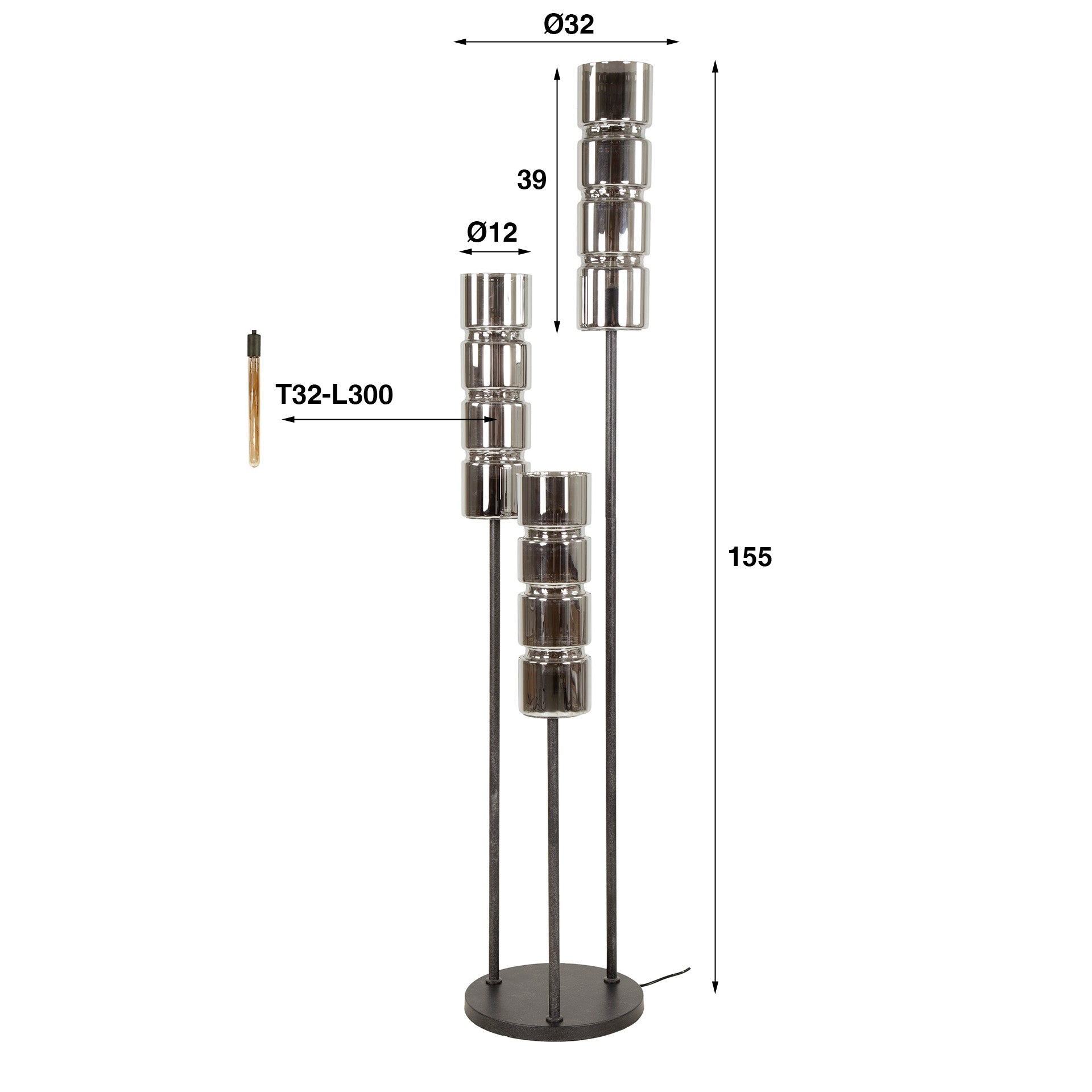 Vloerlamp Cylinder Glass getrapt 3-lichts / Artic zwart – afbeelding 5