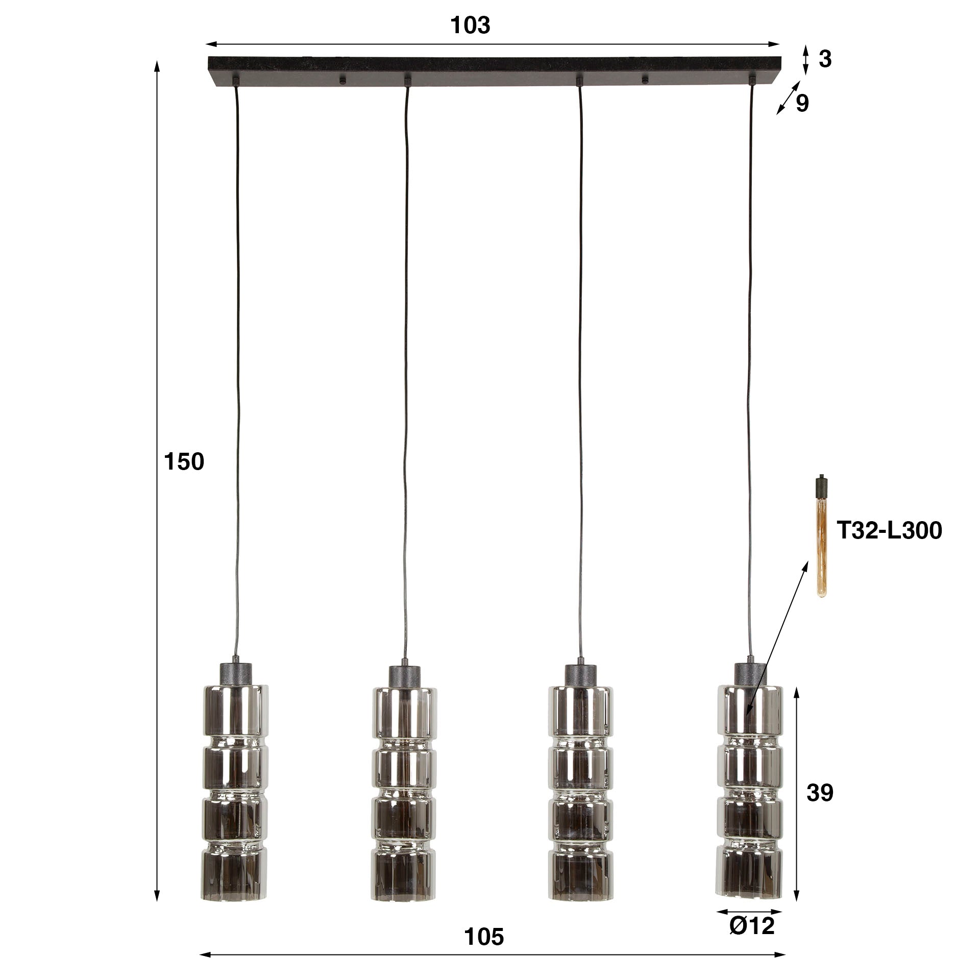 Hanglamp Cylinder Glass 4-lichts / Artic zwart – afbeelding 4
