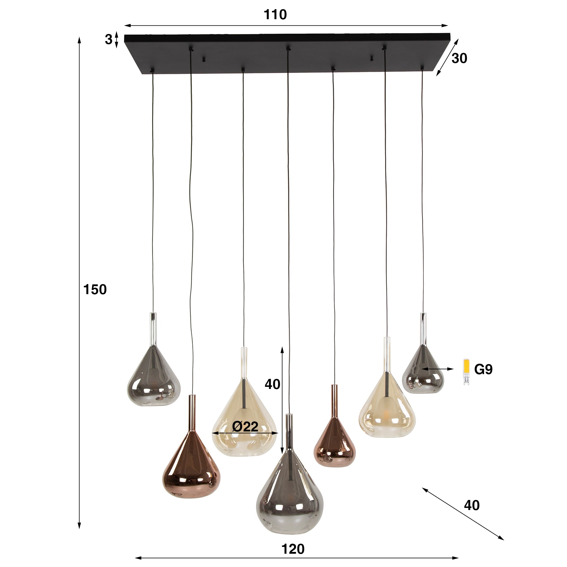 Hanglamp Wings 4+3-lichts / Zwart – afbeelding 8