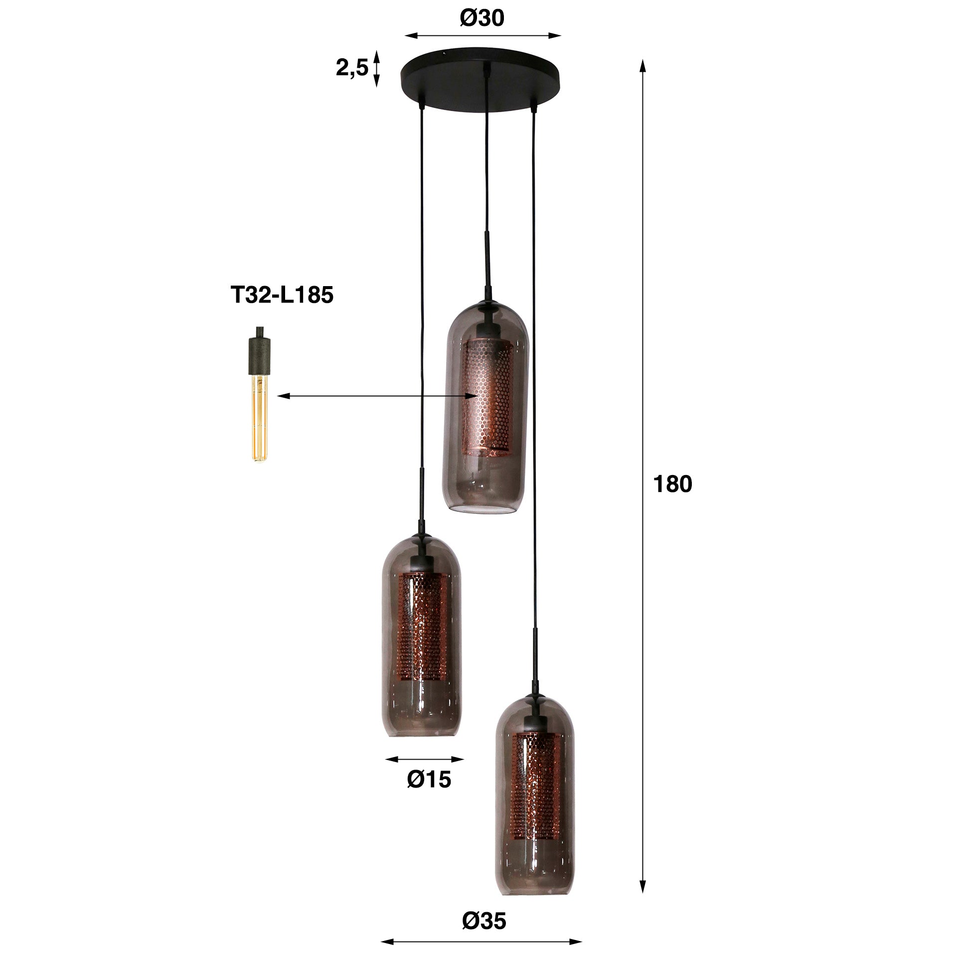 Hanglamp Smoke Mesh getrapt 3-lichts / Artic zwart – afbeelding 5