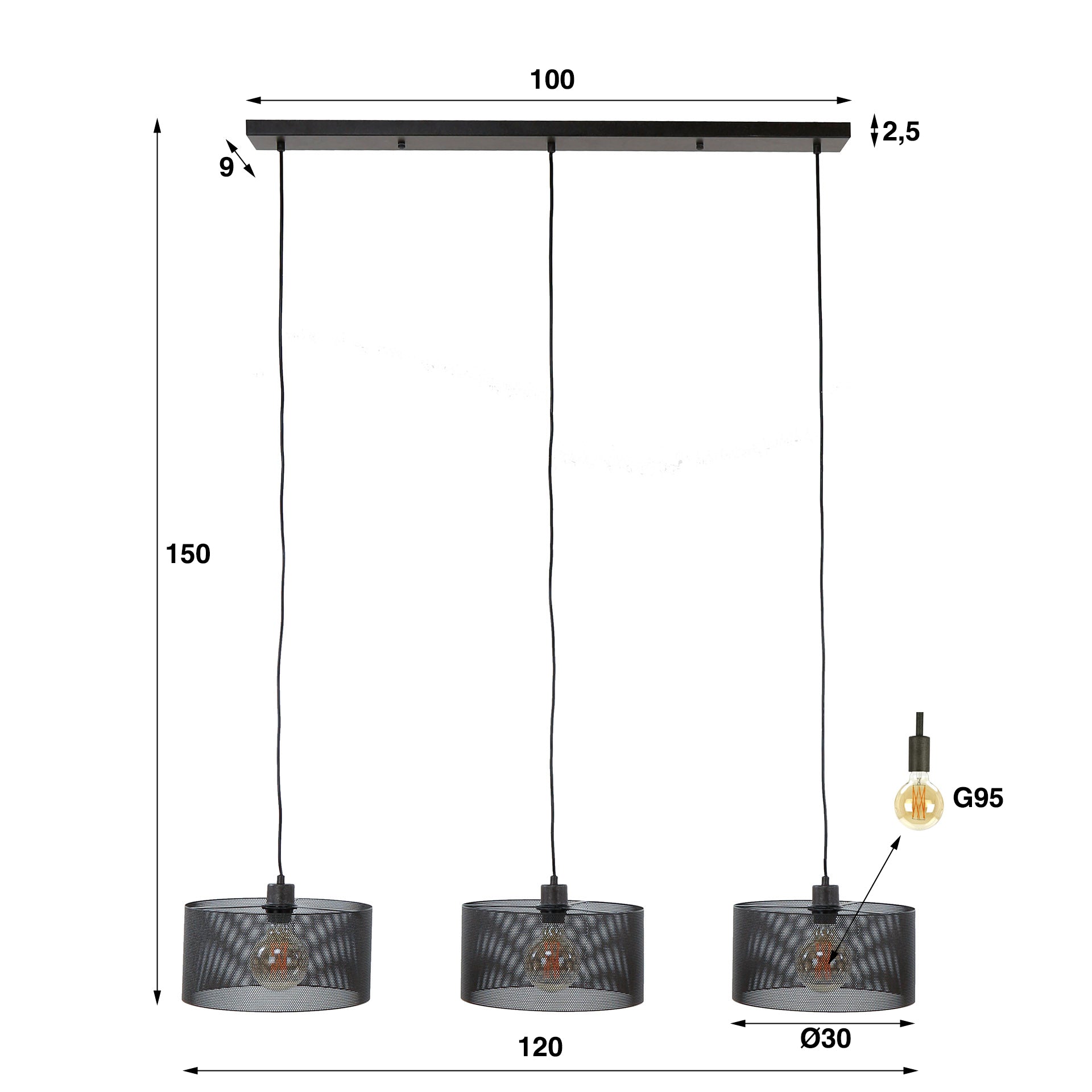 Hanglamp Mesh Round 3-lichts / Artic zwart – afbeelding 5