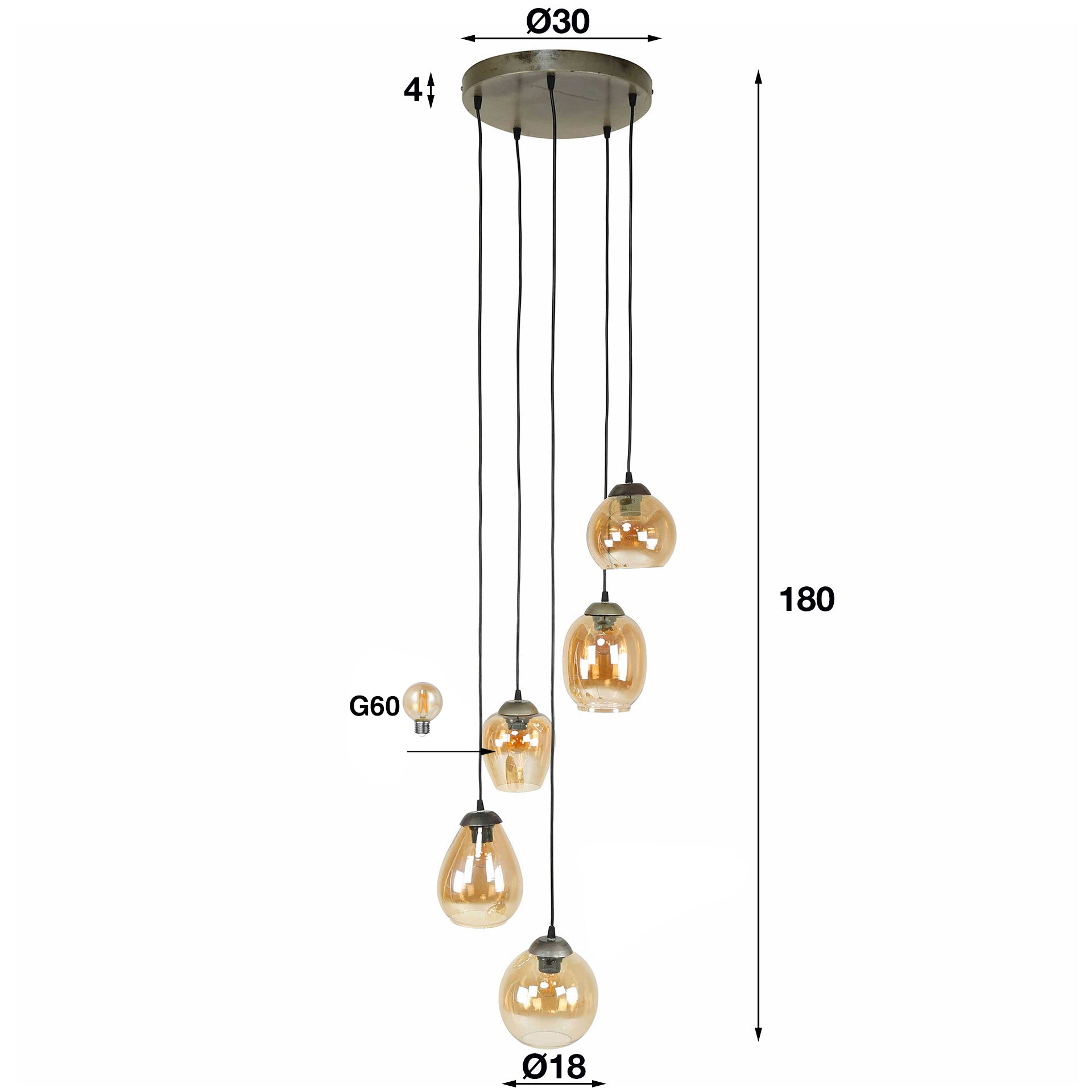 Hanglamp Mix getrapt 5-lichts / Amber glas – afbeelding 5